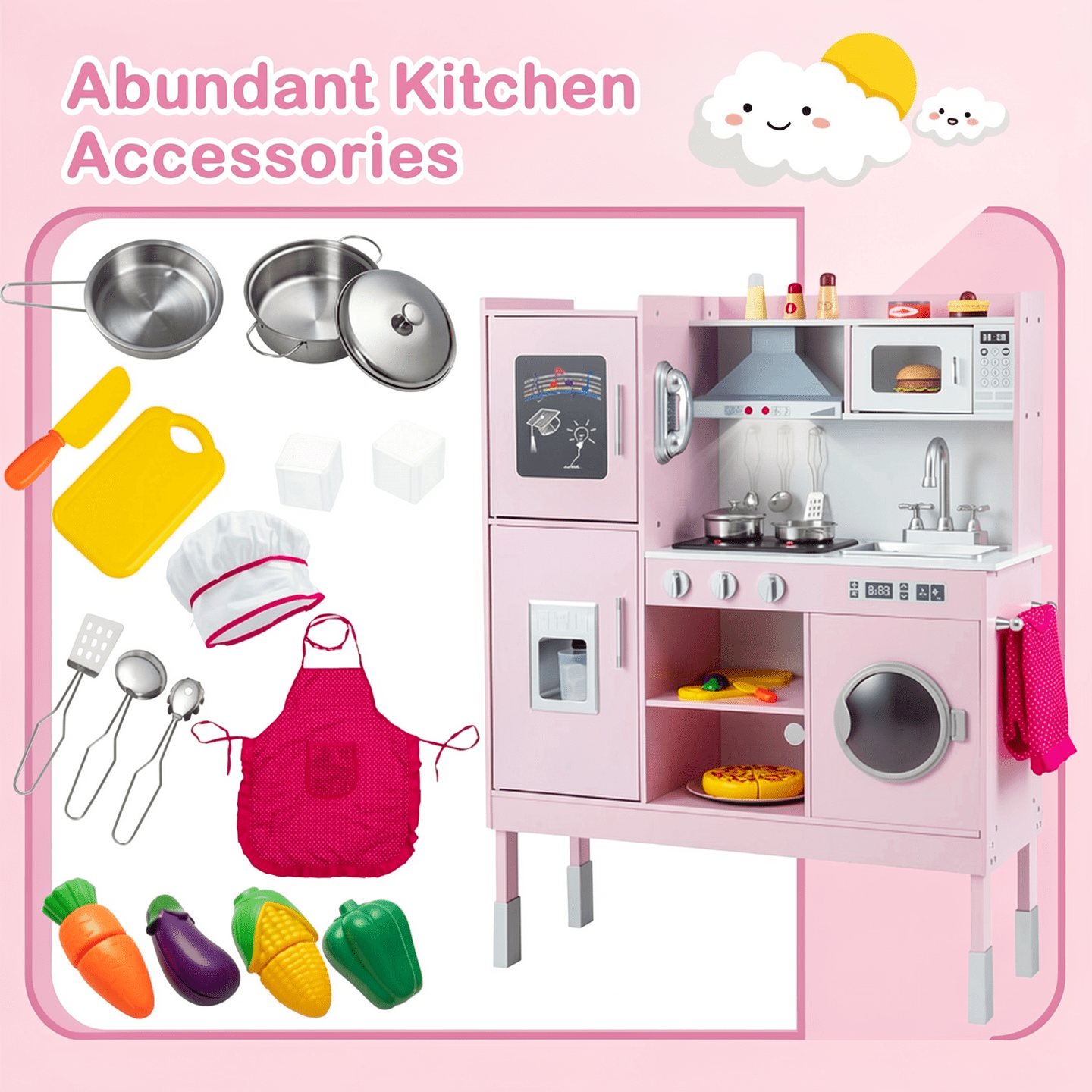 Redsmile Play Kitchen,Wooden Kids Kitchen Playset with Realistic Lights and Sounds,Pretend Play Toy Kitchen with Ice Maker and Range Hood,Gift for Girls Boys Ages 3-10,Pink