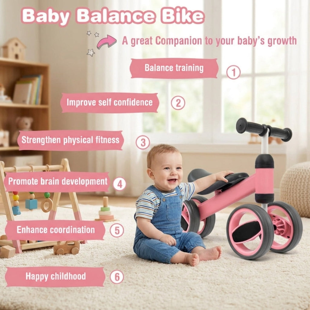 Redsmile Baby Balance Bike for 1-2 Year Olds, 4 Wheel No Pedal Toddler Training Bike, Lightweight First Balance Bike, Pink