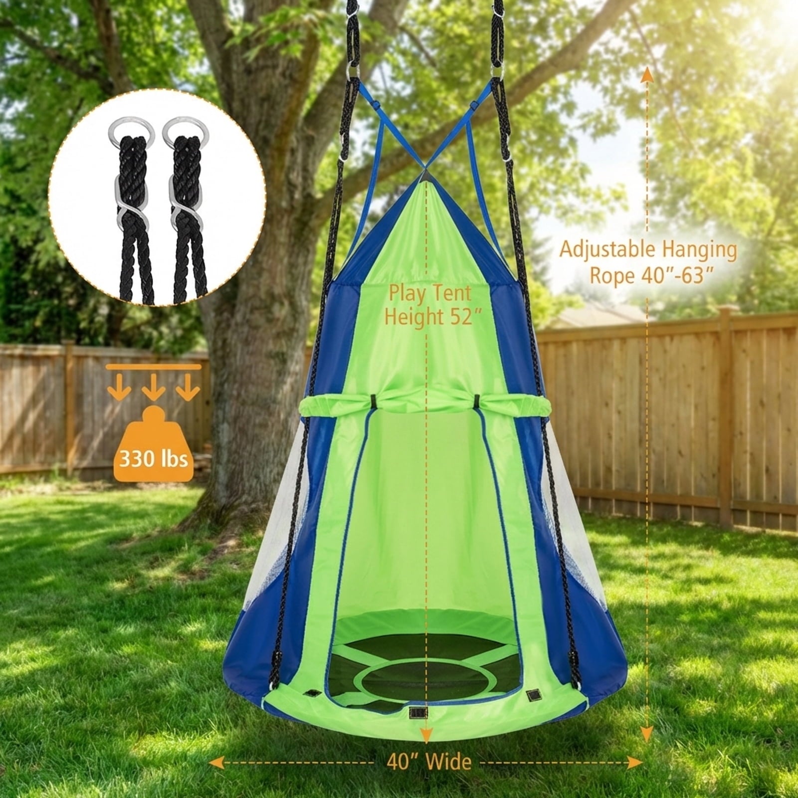 Redsmile 2-in-1 40 Inch Kids Hanging Chair Detachable Swing Tent Set 330 lbs Capacity Indoor Outdoor Play - Green