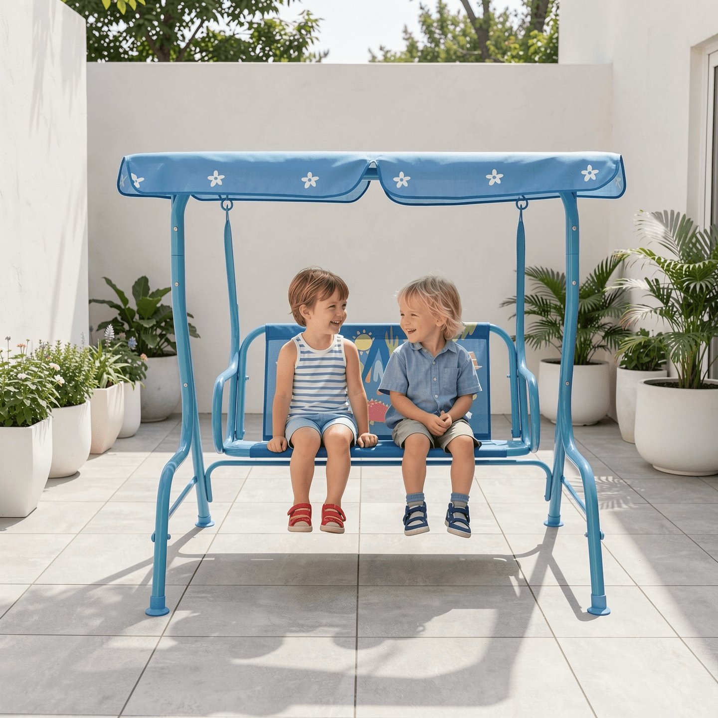 Redsmile 2-Seater Kids Patio Swing with Metal Stand and Adjustable Canopy - Blue - Backyard Play - Outdoor Fun