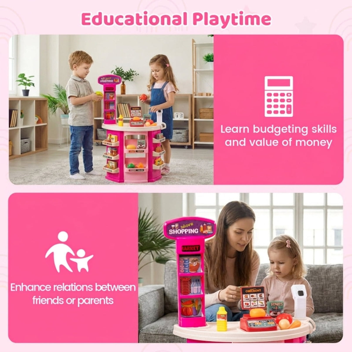 Redsmile Supermarket Playset for Kids 76 PCS Pretend Play Grocery Store Set with Shopping Cart, Pink
