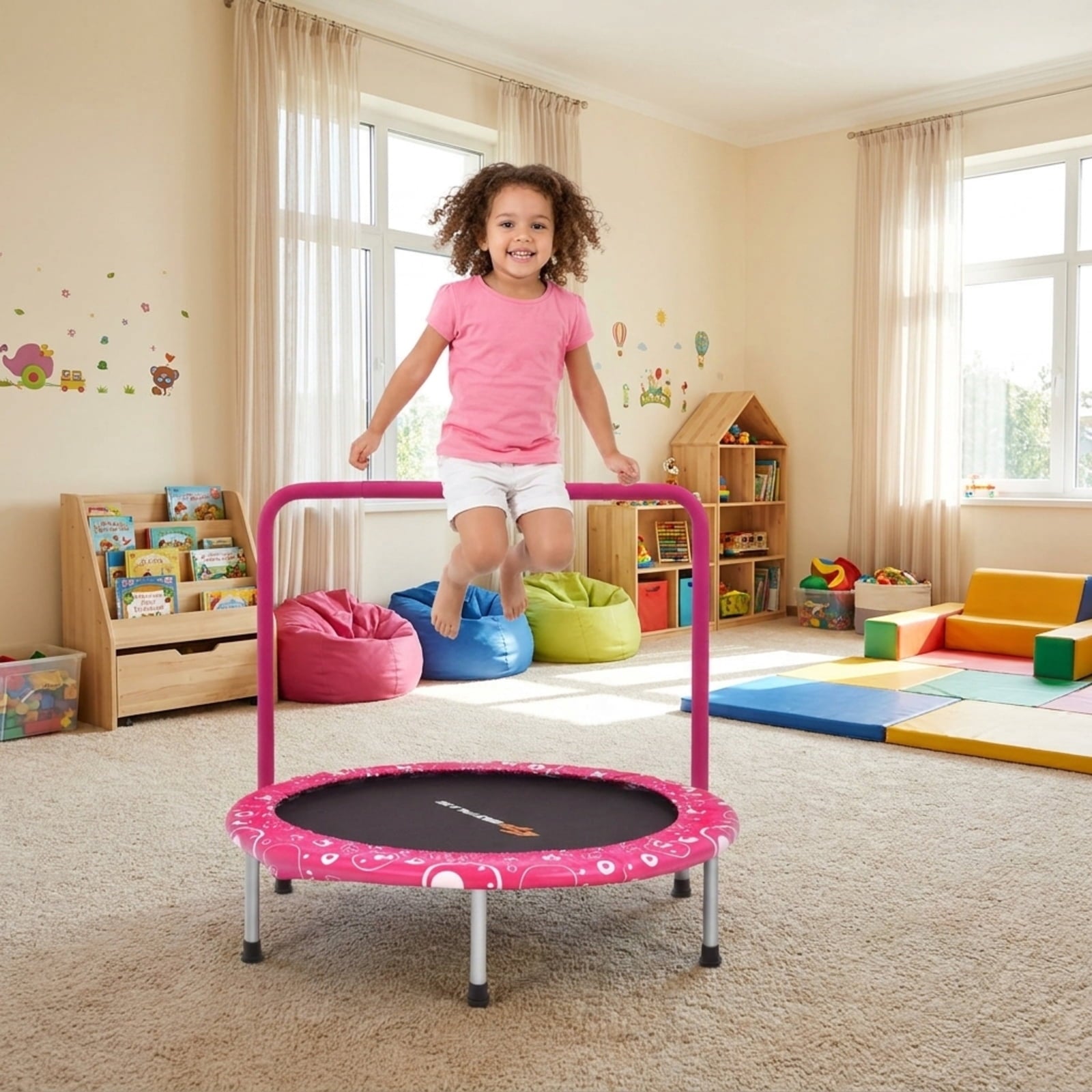 Redsmile 36 Inch Kids Trampoline Mini Rebounder with Full Covered Handrail, Pink