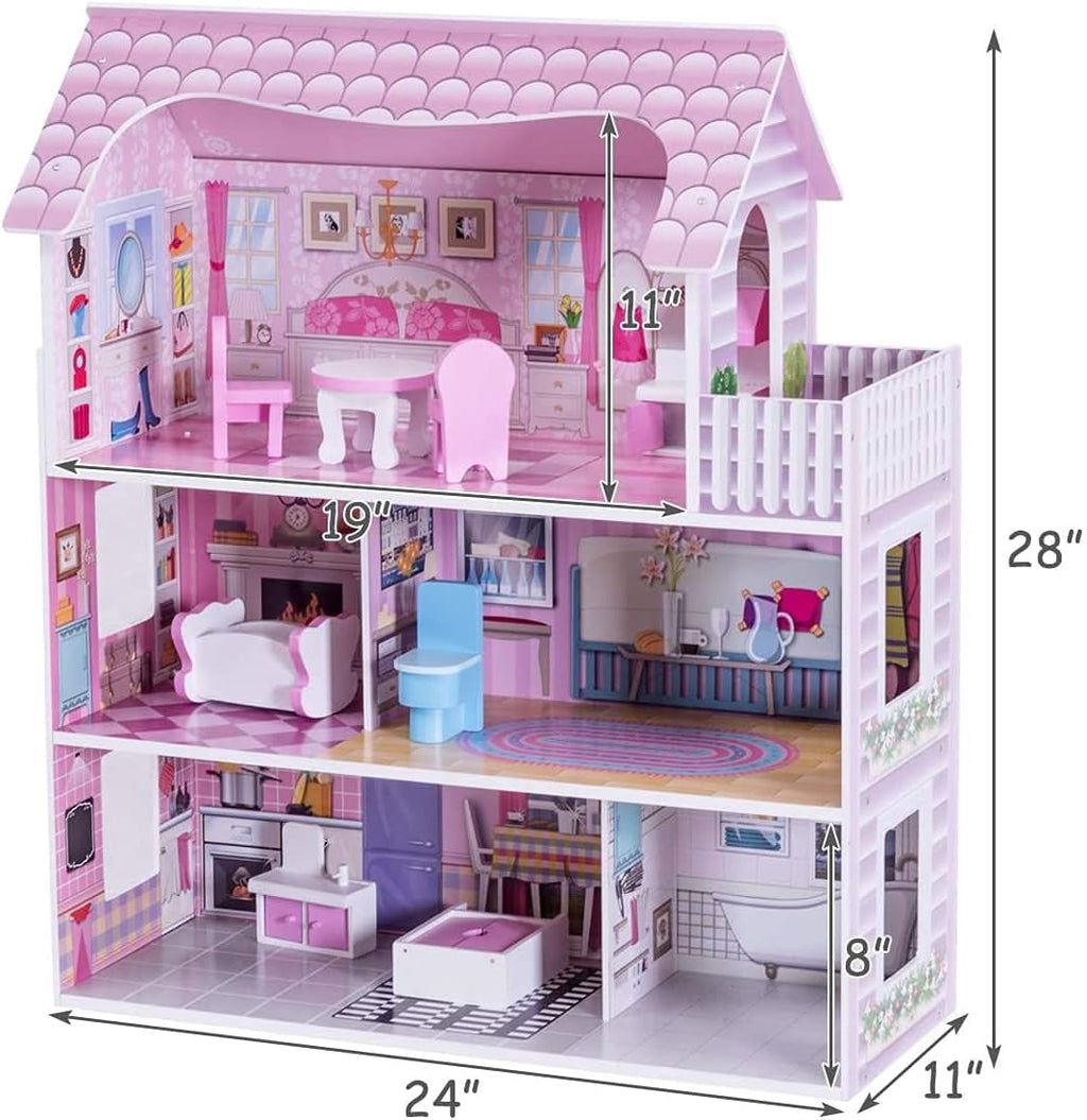 Redsmile Wooden Dollhouse with warm LED Lights, 3-Story Pretend Play Doll House with 16 Furniture and Accessories, DIY Princess Playhouse, Creative Gift for Girls
