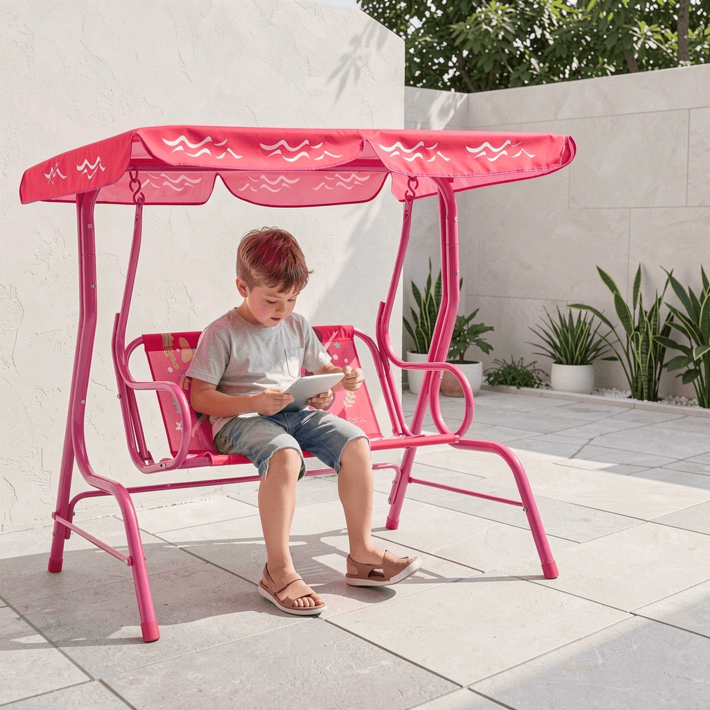 Redsmile 2-Seater Kids Patio Swing with Metal Stand and Adjustable Canopy - Pink - Backyard Play - Outdoor Fun