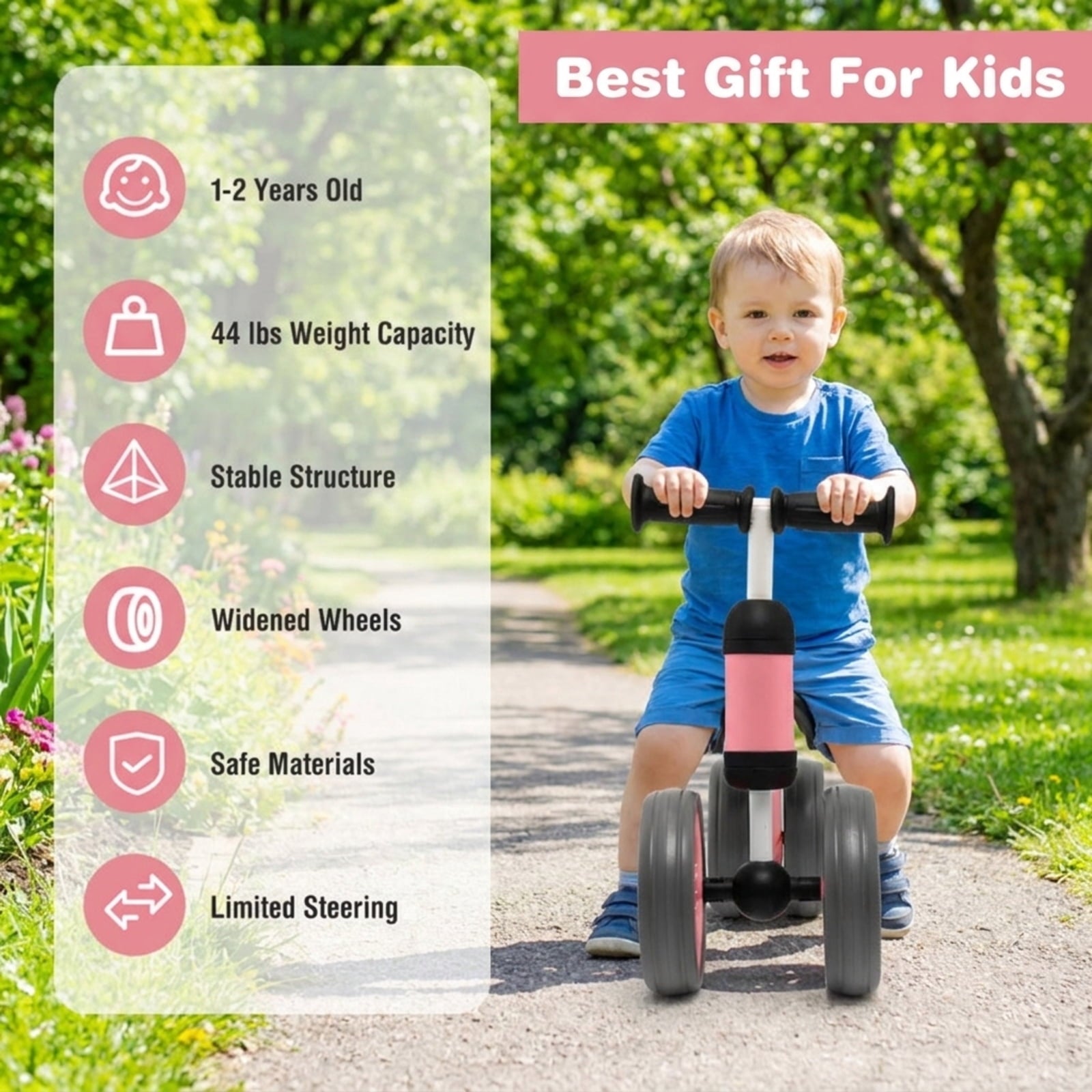 Redsmile Baby Balance Bike for 1-2 Year Olds, 4 Wheel No Pedal Toddler Training Bike, Lightweight First Balance Bike, Pink