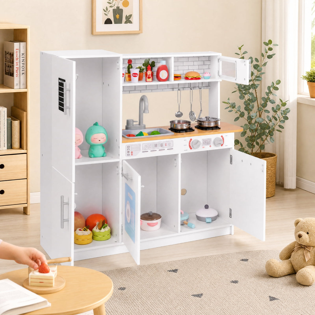 Redsmile Toddler Pretend Play Kitchen Set for Boys and Girls 3+ Years, Kids Kitchen Playset with Removable Sink, Stove, Microwave, Oven, Water Dispenser, Blackboard and Cookware, Gift, White