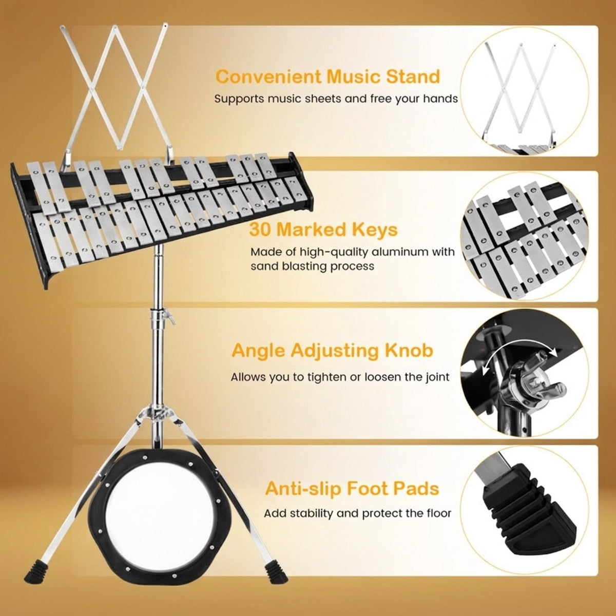 Redsmile 30-Note Glockenspiel Percussion Set with Adjustable Stand and Mallets for Beginner Kids, Black