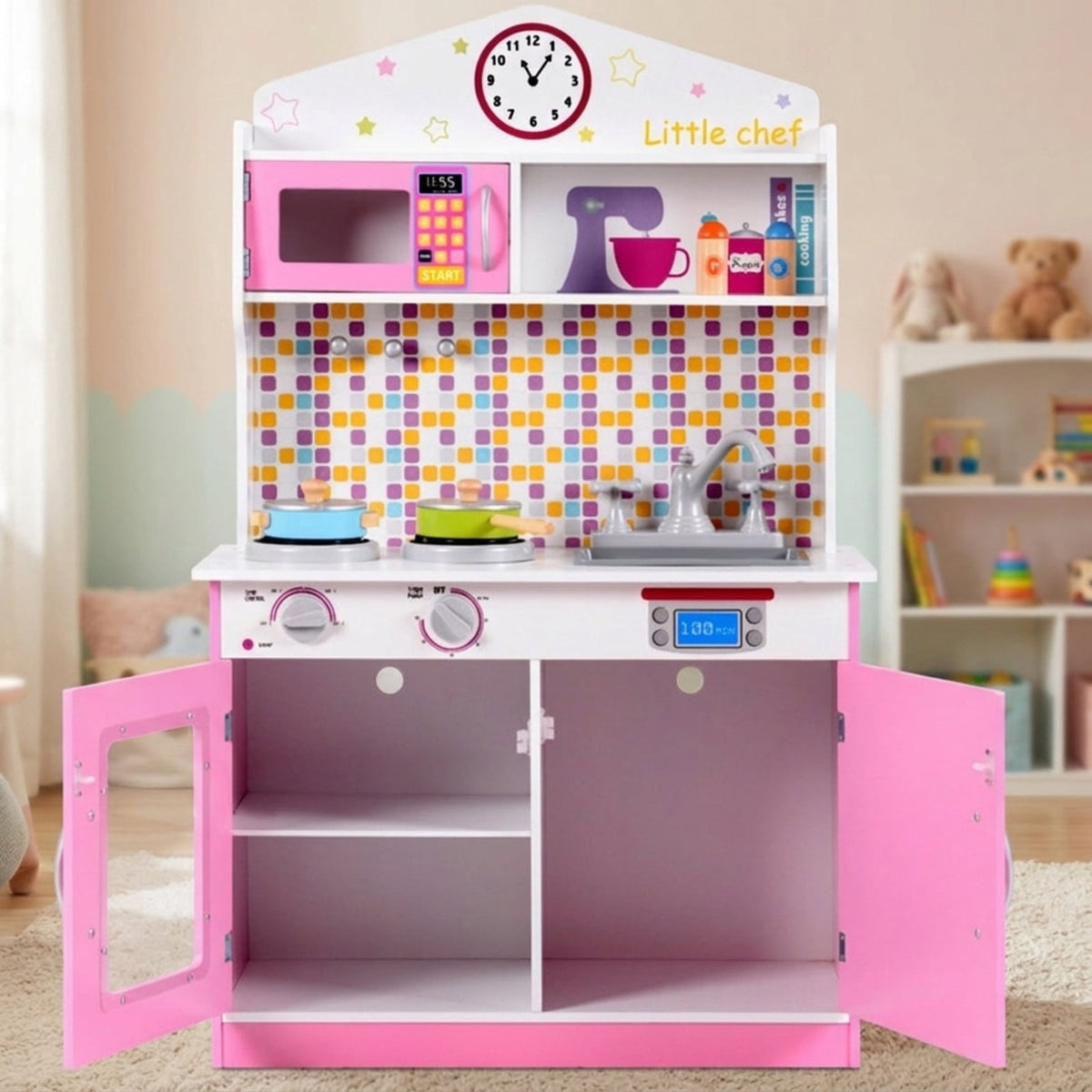 Redsmile Wooden Play Kitchen for Kids, Pretend Cooking Playset with Cookware Accessories, Toddler Kitchen Toy, Pink