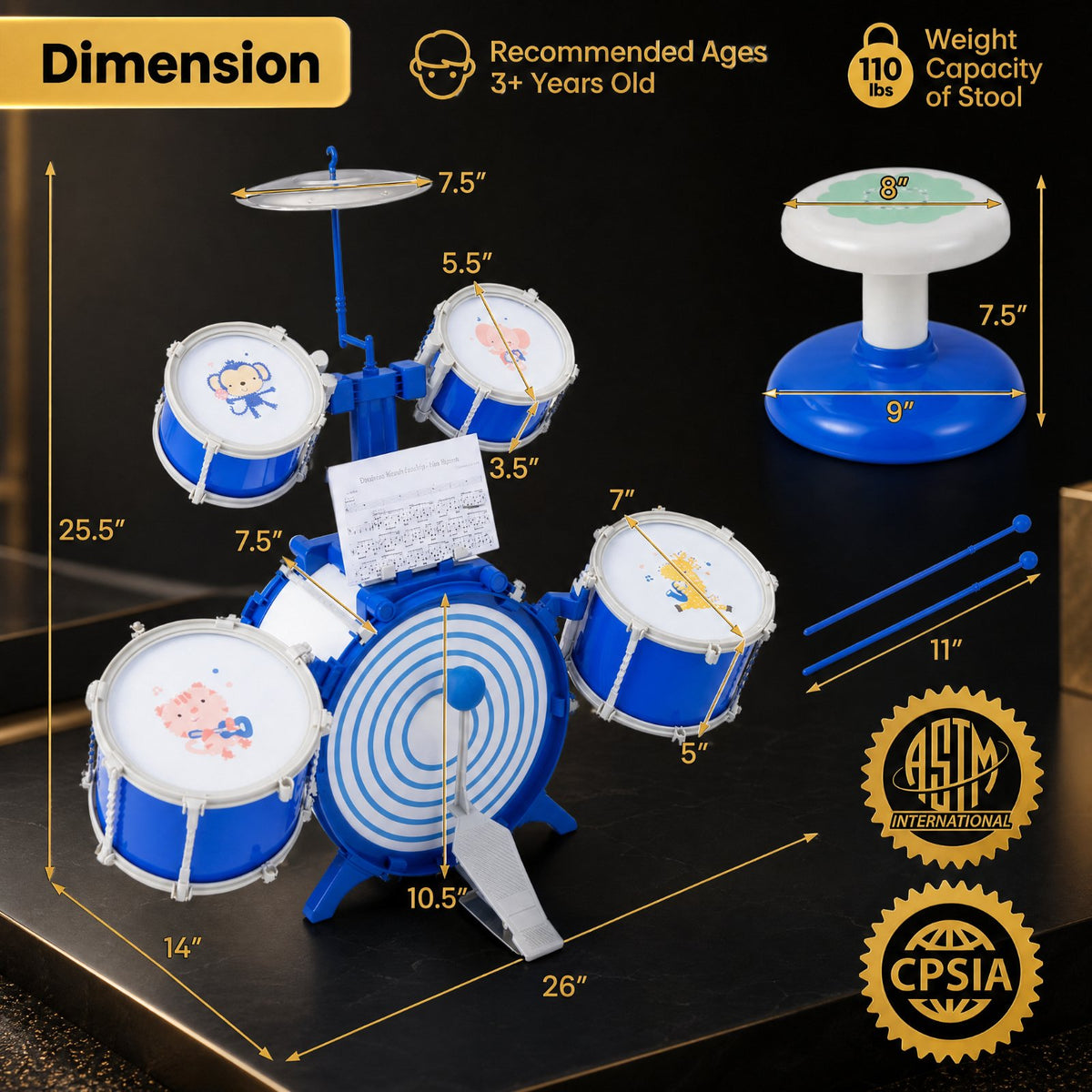 Redsmile Kids Drum Set Educational Percussion Musical Instrument Toy with Bass Drum, Blue