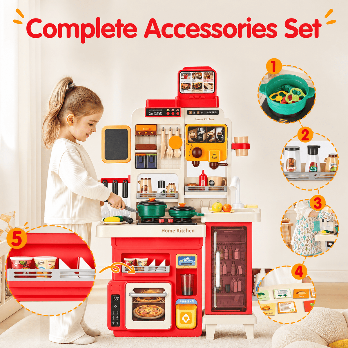 Redsmile Play Kitchen Set with Interactive Menu, Steam Stove, Ice Coffee Maker, Lights, Sounds Music, Apron Set and Food Cards,Pretend Play Toys Gifts for Kids,Red