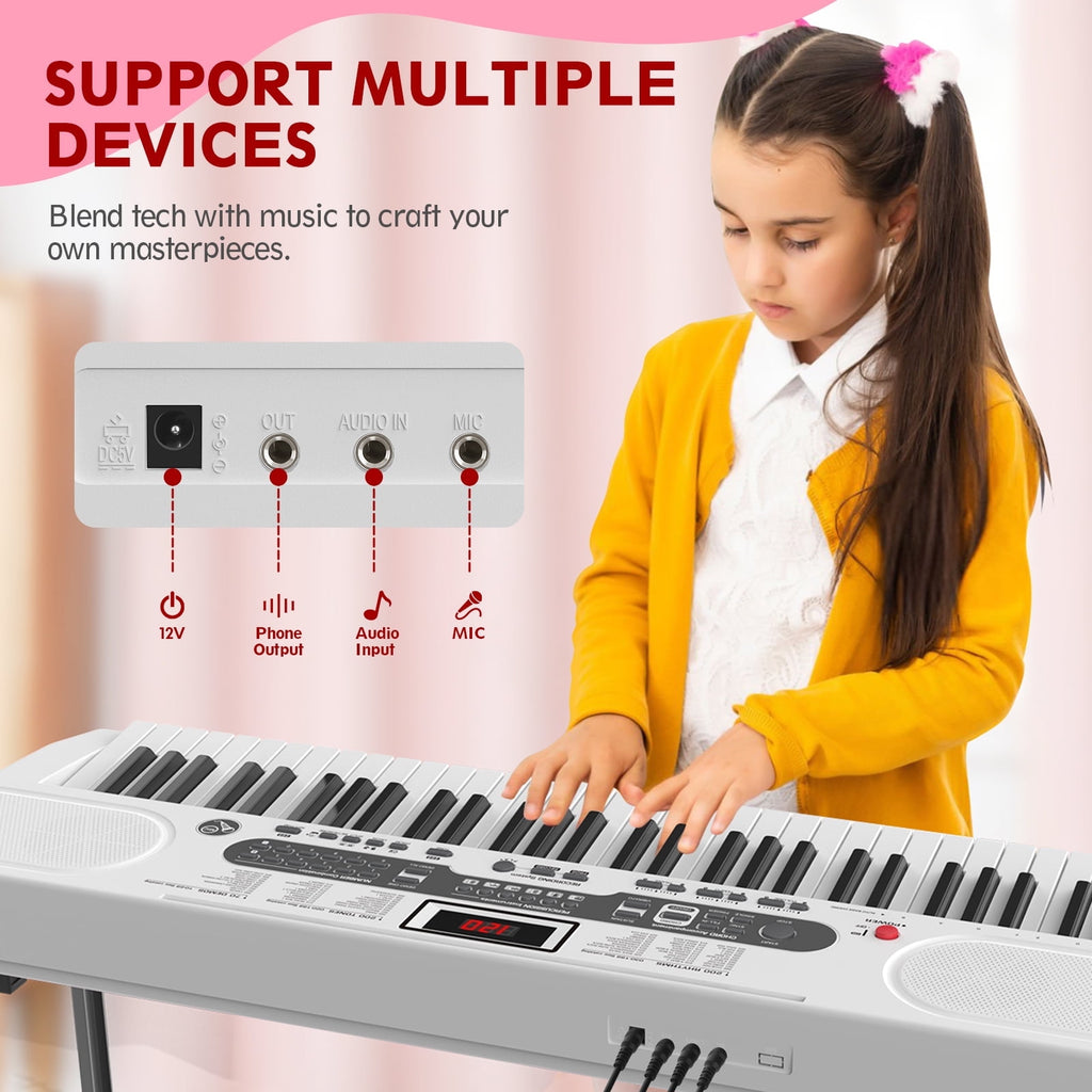 Redsmile 61 Key Piano Keyboard with Lighted Keys Stand Bench Microphone Headphone and Built-in Speakers for Beginners, White