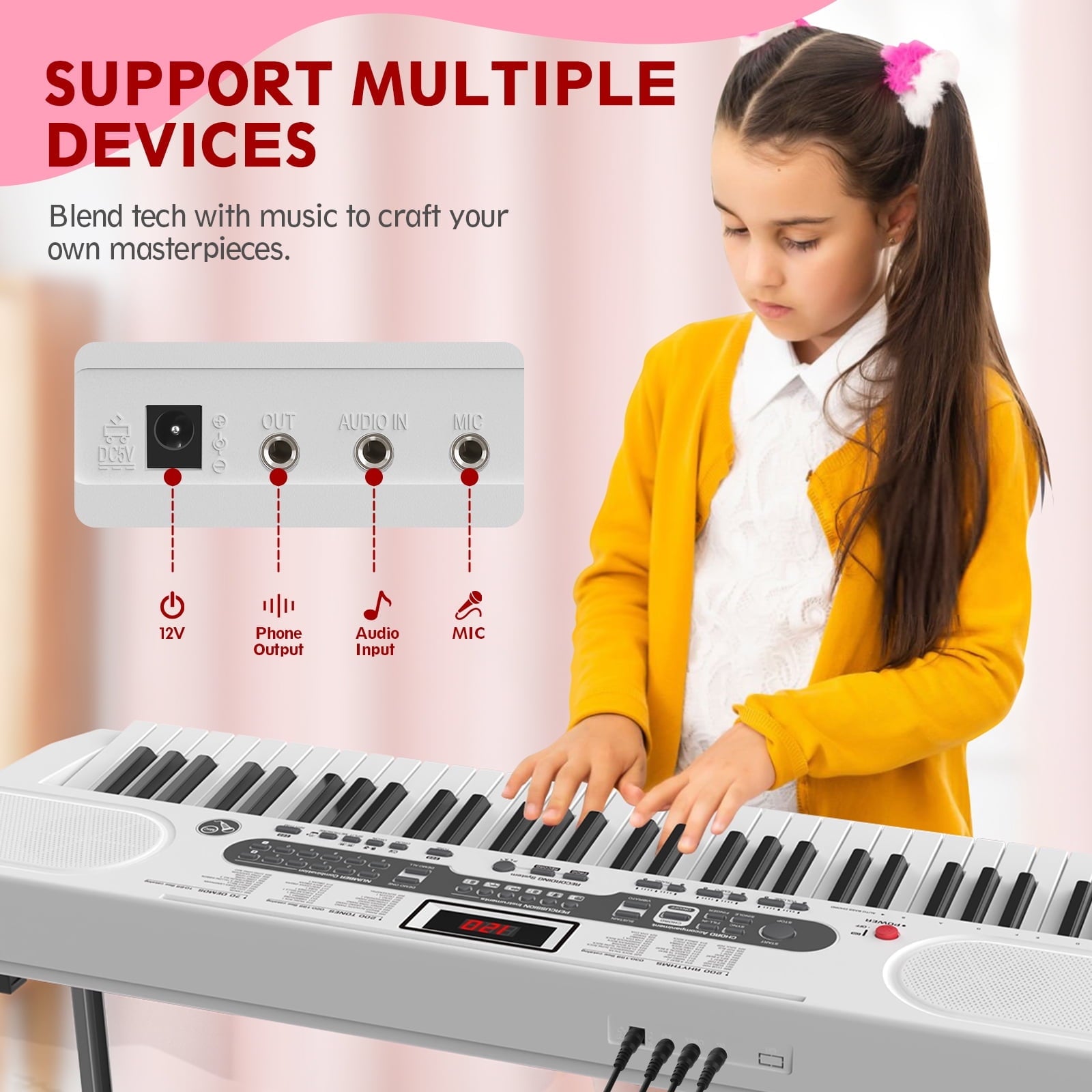 Redsmile 61 Key Piano Keyboard with Lighted Keys Stand Bench Microphone Headphone and Built-in Speakers for Beginners, White