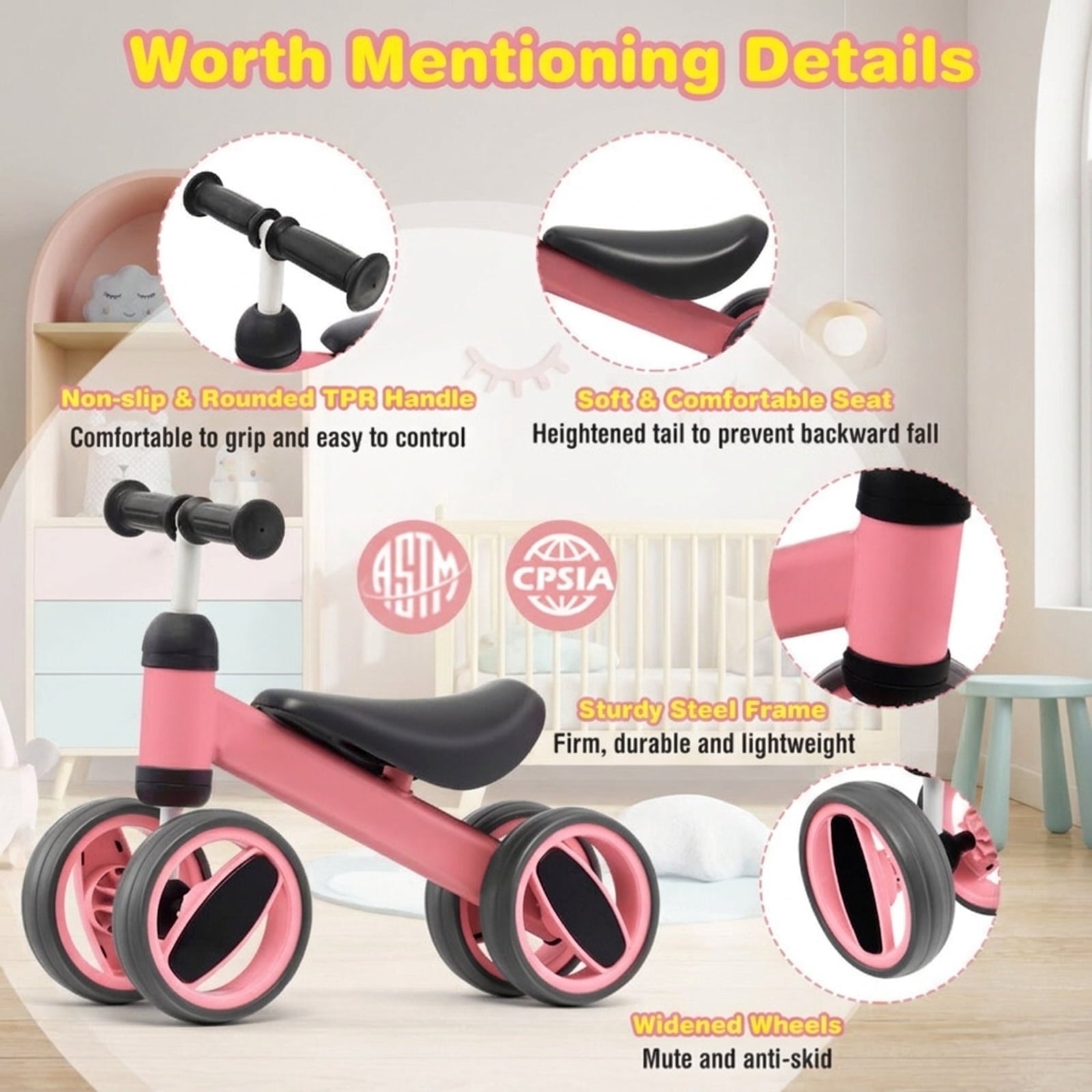 Redsmile Baby Balance Bike for 1-2 Year Olds, 4 Wheel No Pedal Toddler Training Bike, Lightweight First Balance Bike, Pink
