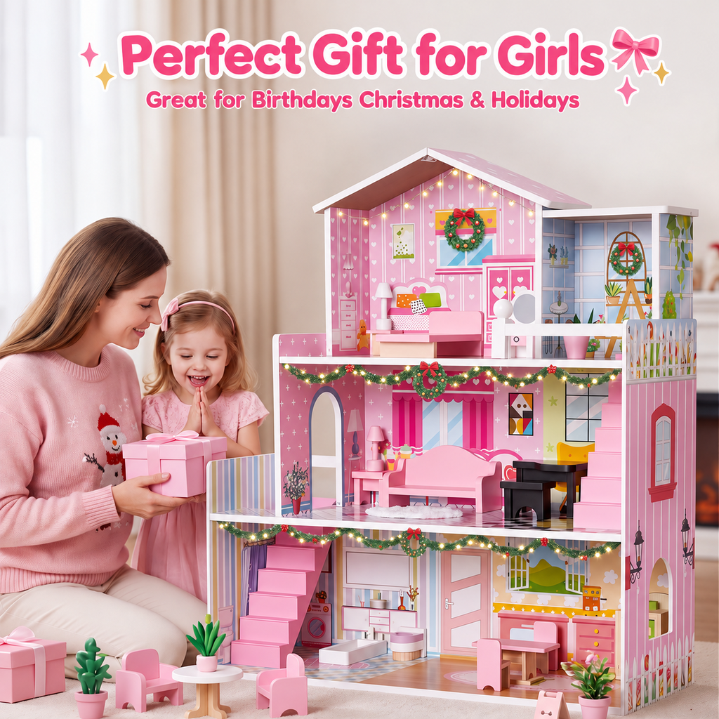 Redsmile Wooden Dollhouse for Kids, 3-Story Doll House with 17 Furniture Pieces and Accessories for Pretend Play and Birthday Gifts, Pink