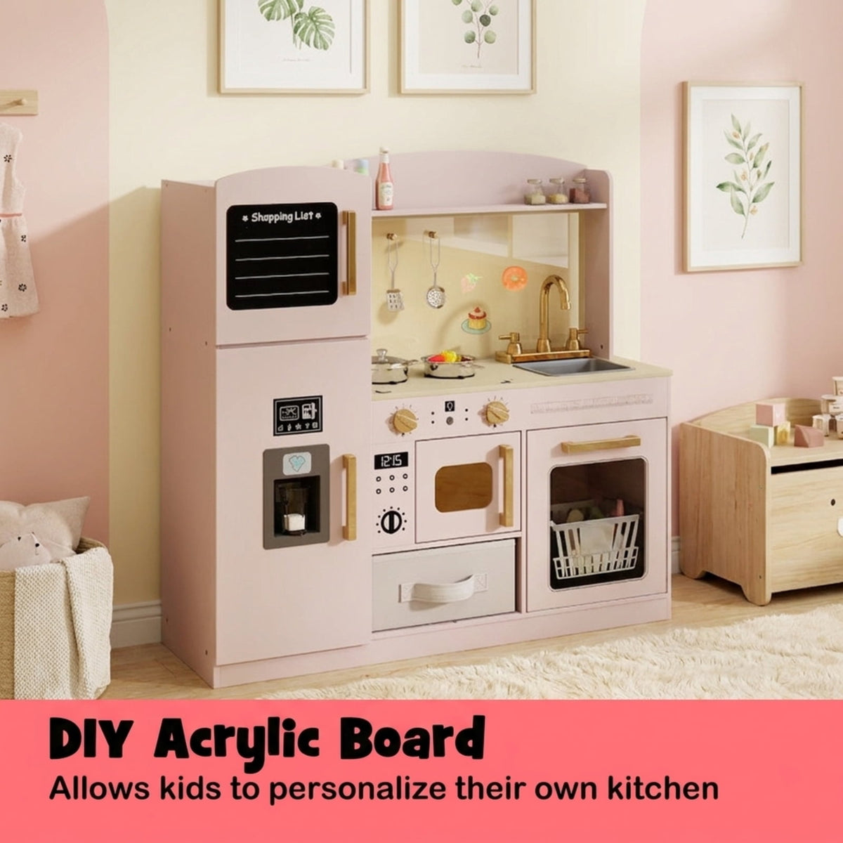 Redsmile Wooden Play Kitchen for Kids, Deluxe Pretend Kitchen with Lighted Microwave Ice Maker and Chalkboard, Toddler Kitchen Toy, Pink
