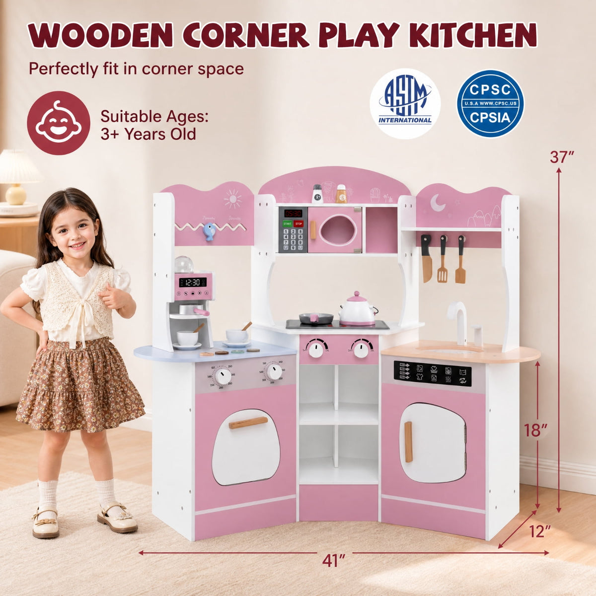 Redsmile Corner Wooden Play Kitchen Set for Kids 3+ Years, Pretend Play Kitchen with Coffee Machine, Slide, Light-Up Microwave, Stoves, Washing Machine and 20 Accessories, Pink