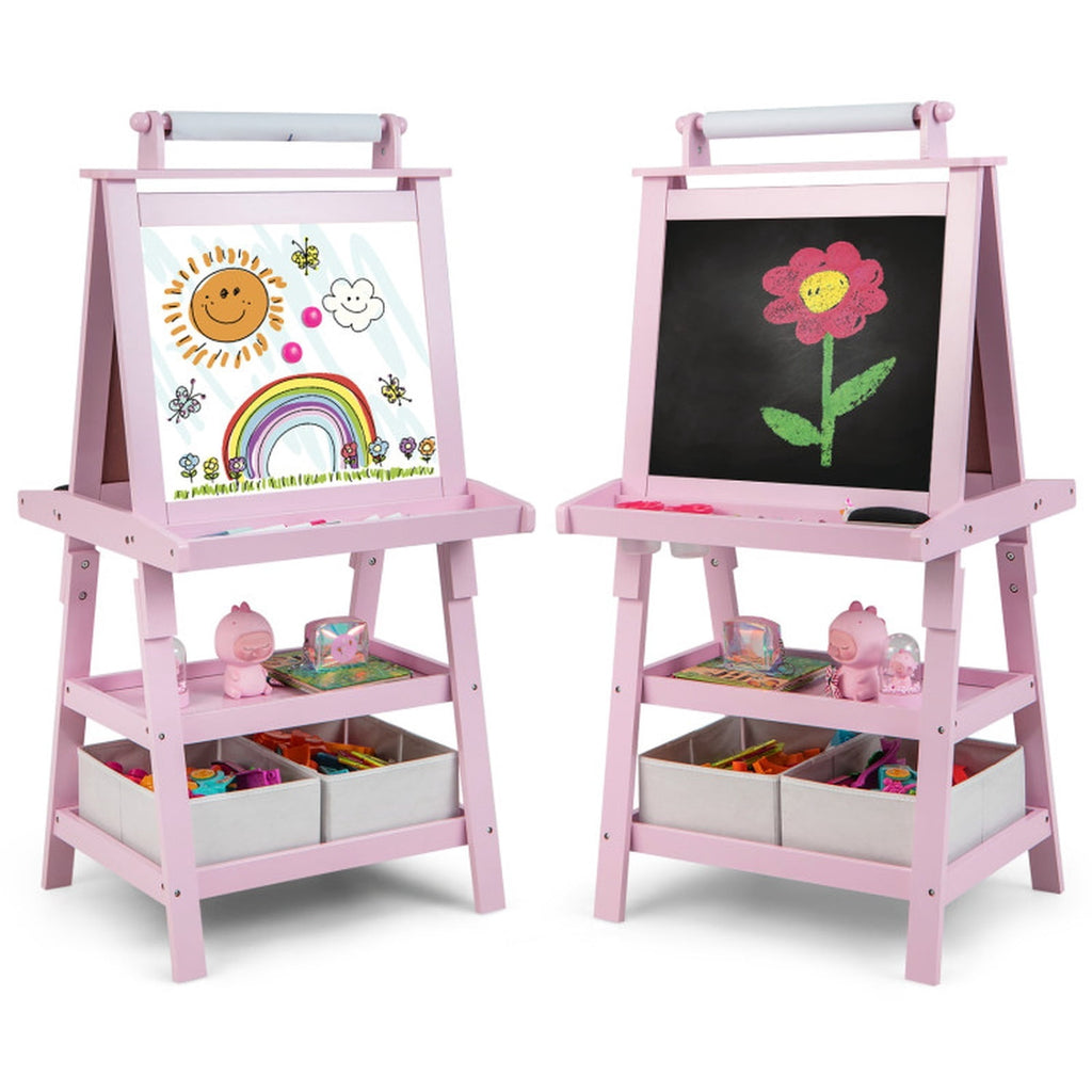 Redsmile 3-in-1 Kids Art Easel, 46 Inch Double-Sided Standing Easel with Paper Roll Whiteboard Chalkboard Storage Shelves and Paint Cups, Toddler Drawing Board for Boys Girls Ages 3+, Pink
