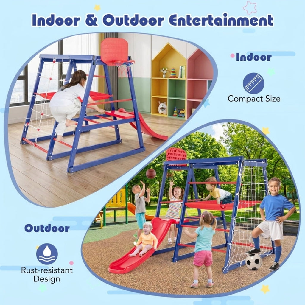 Redsmile 7-in-1 Metal Toddler Climbing Toys for Ages 3-7, Kids Indoor Playground Jungle Gym with Slide, Climbing Net and Rope Ladder, Montessori Climber, Christmas Gift, Red and Blue