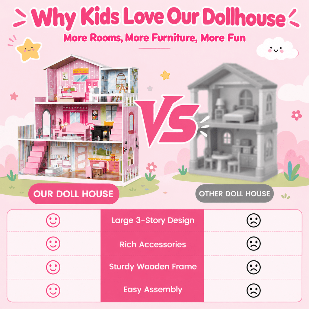 Redsmile Wooden Dollhouse for kids, 3-Story Pretend Play Doll House with 17 Furniture and Accessories, DIY Princess Playhouse, Creative Gift for Girls