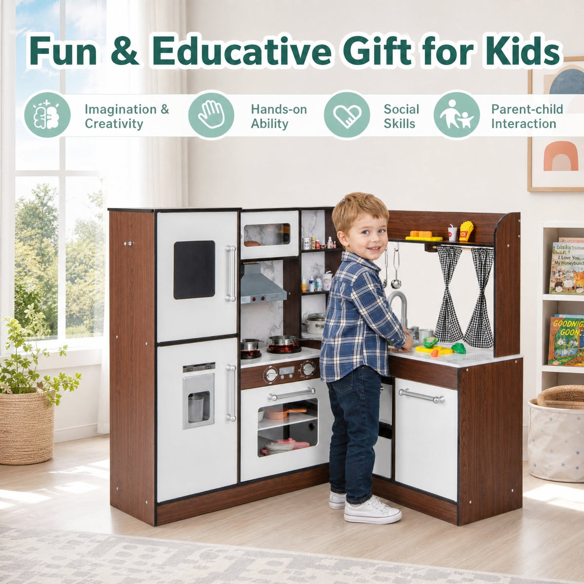 Redsmile Wooden Corner Play Kitchen Set for Toddlers 3+ Years, Pretend Play Kitchen with Water Circulation System, 360 Faucet, Sound and Light Range Hood, Ice Maker and Fabric Bins, Brown