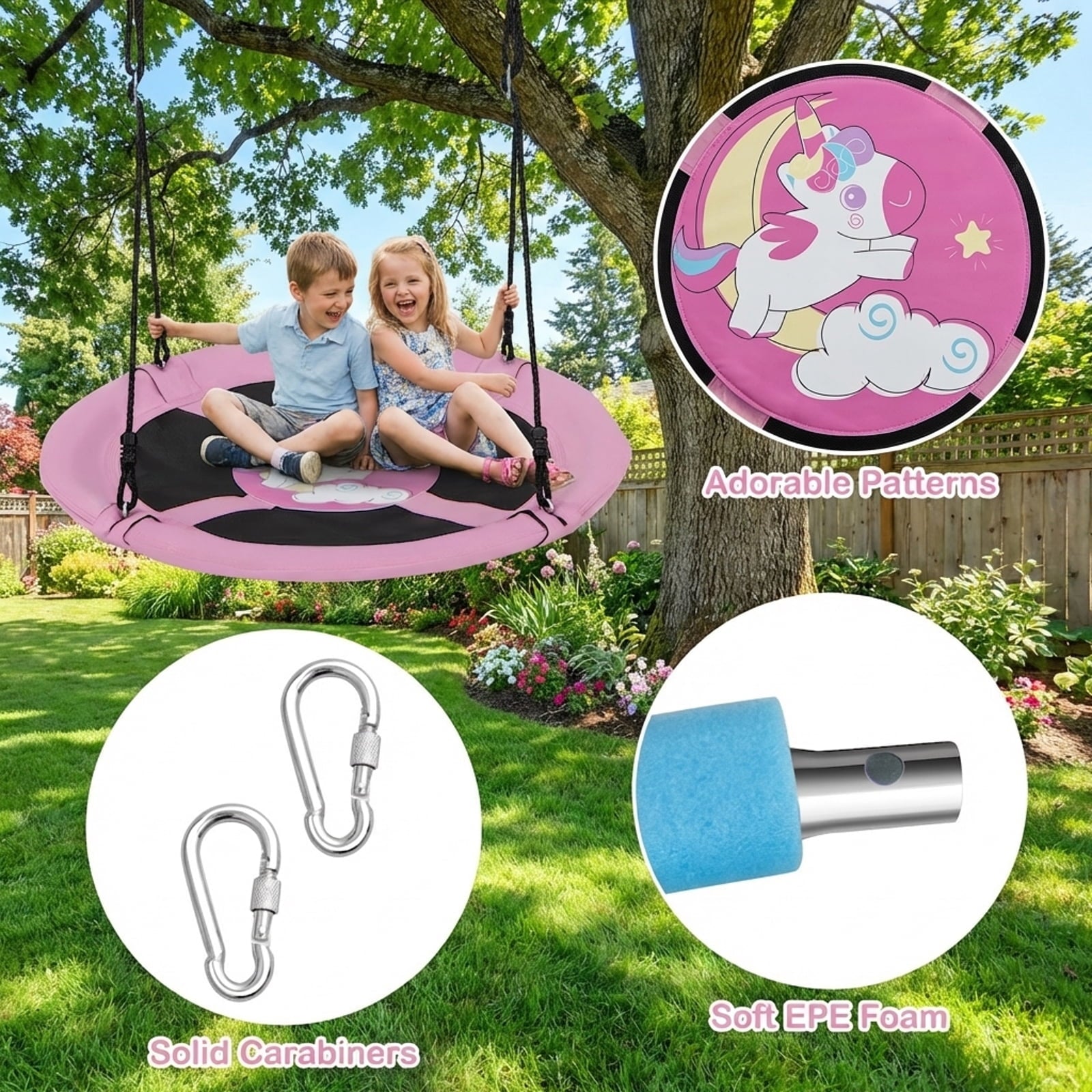 Redsmile 40 Inches Saucer Tree Swing Round with Adjustable Ropes and Carabiners - Pink - Backyard Play