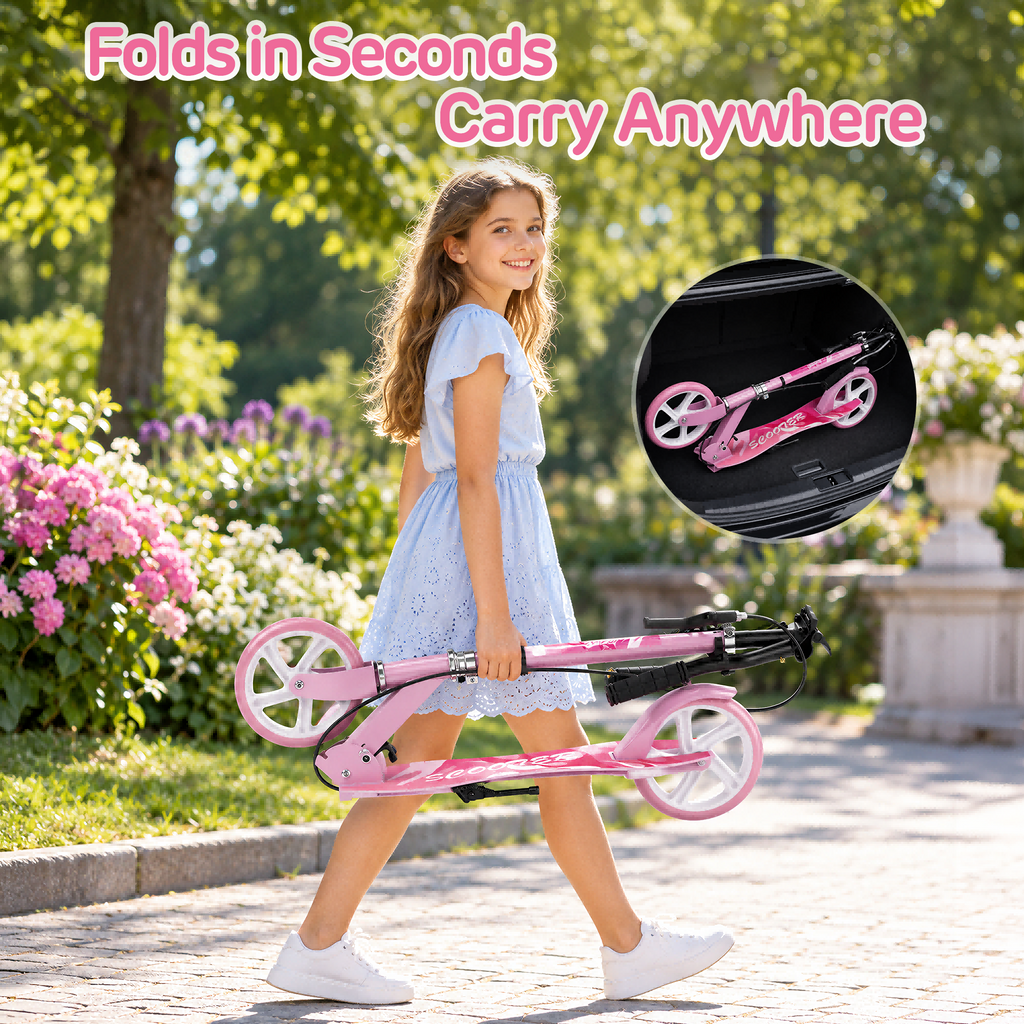 Redsmile Kick Scooter with 4 Adjustable Levels,Folding Commuter Scooter with Dual Brakes and 8 Inch Big Wheels for Teens and Adults,Pink