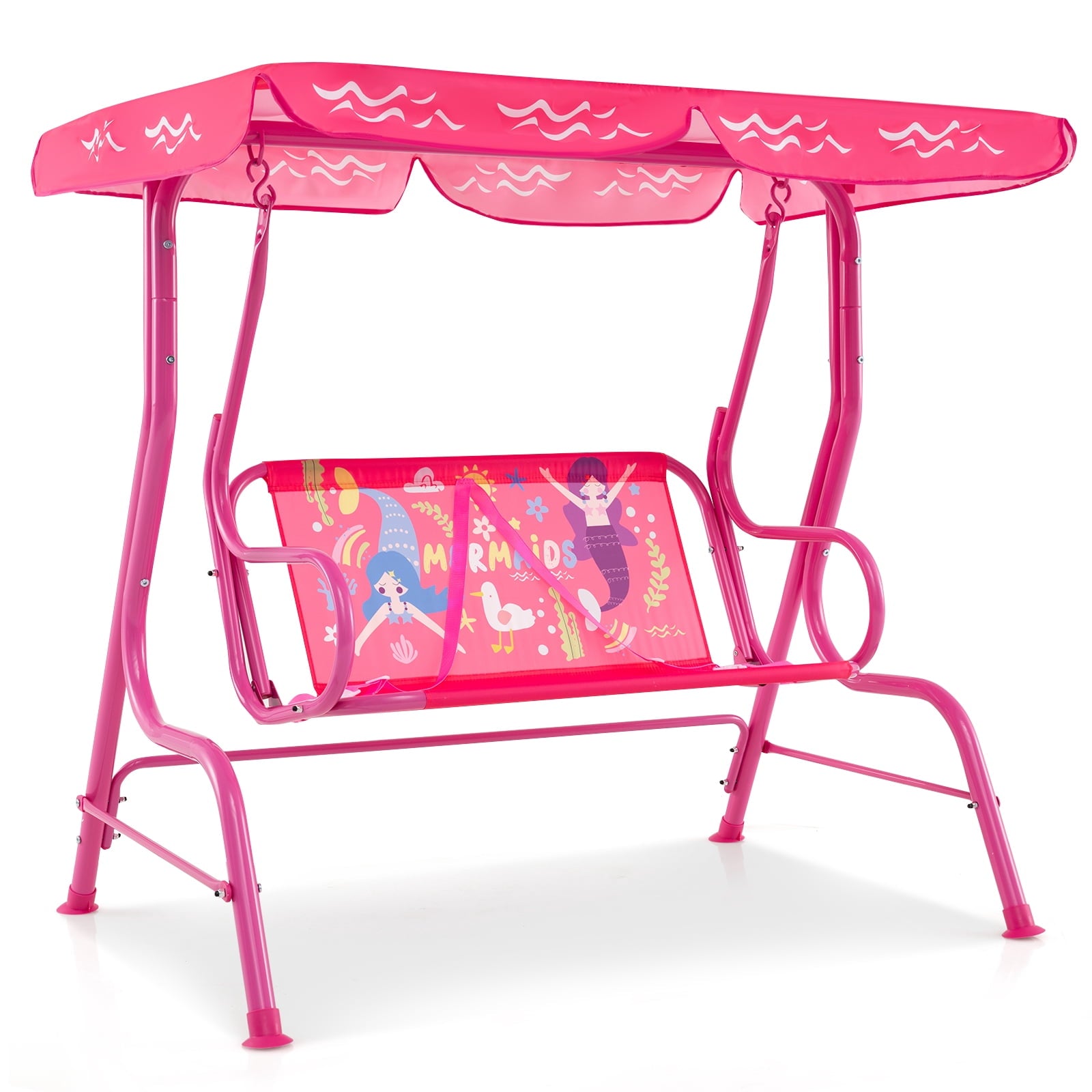 Redsmile 2-Seater Kids Patio Swing with Metal Stand and Adjustable Canopy - Pink - Backyard Play - Outdoor Fun