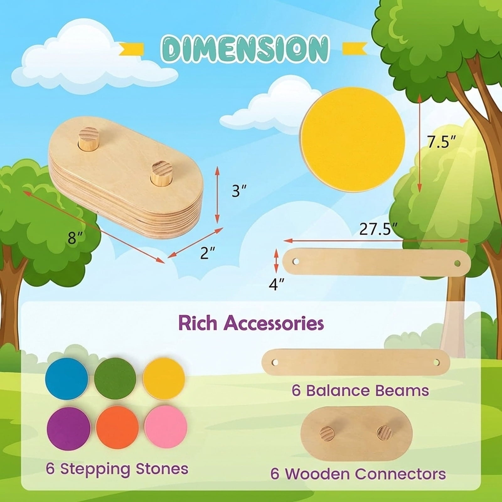 Redsmile 12-Piece Kids Wooden Balance Beam with Colorful Steeping Stones - Motor Skill Development Educational Toy for Toddlers