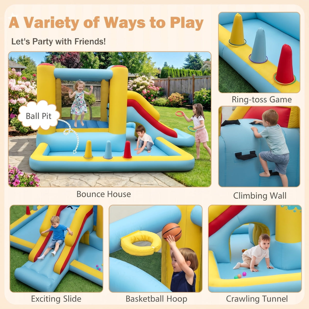 Redsmile Inflatable Bounce House 7-in-1 Bouncy Castle with Slide and Tunnel without Blower
