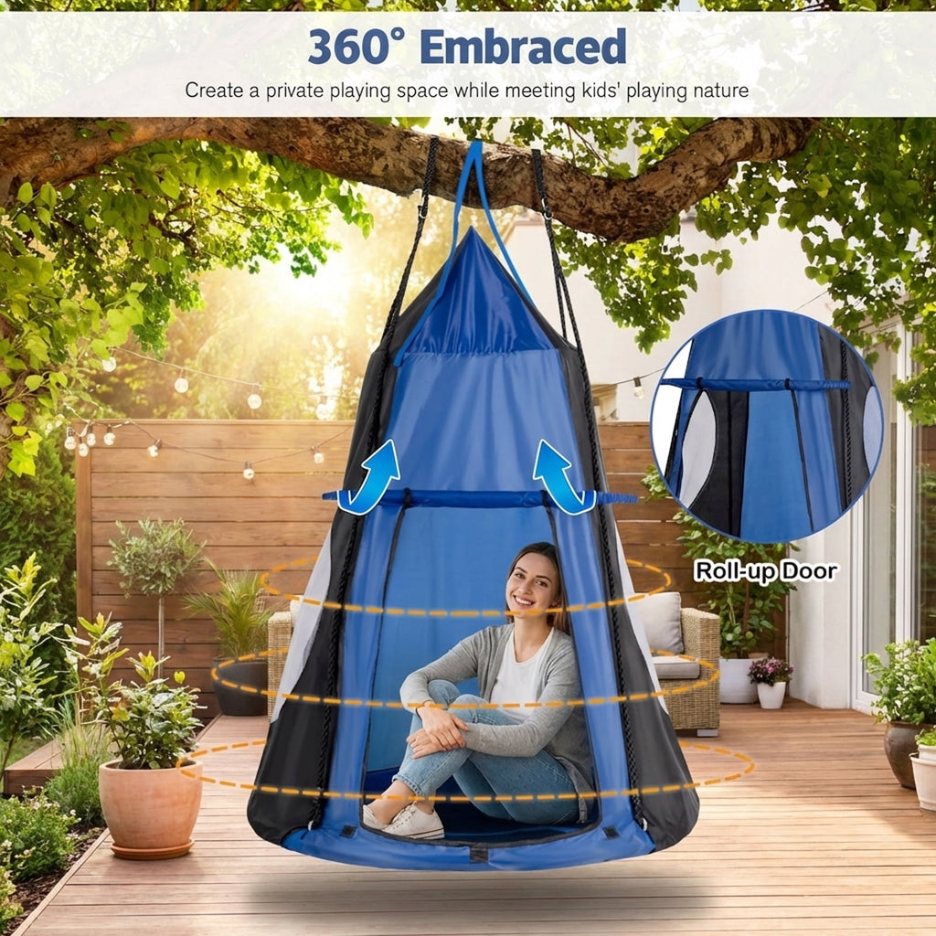 Redsmile 2-in-1 40 Inch Kids Hanging Chair Detachable Swing Tent Set 330 lbs Capacity Indoor Outdoor Play - Blue