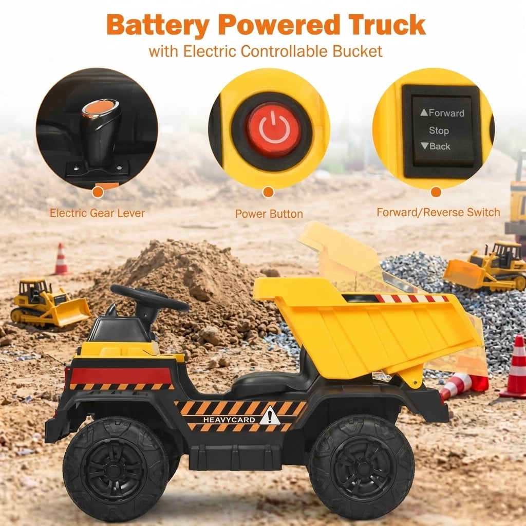 Redsmile 12V Battery Kids Ride On Dump Truck with Electric Bucket, Detachable Shovel, 2.4G Parental Remote Control, LED Lights, USB Music Toddler Toy, Yellow