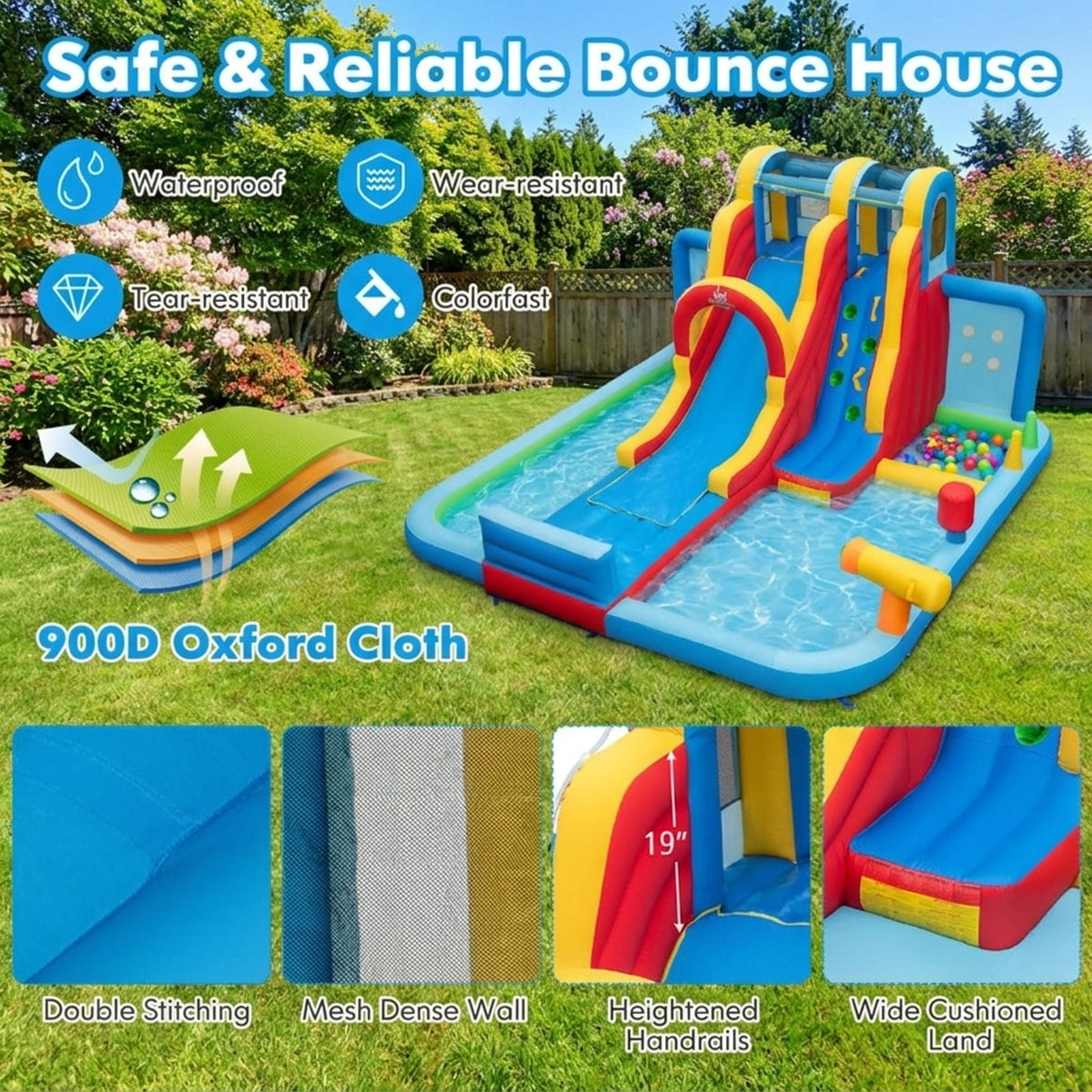 Redsmile Inflatable Water Slide Water Park with Long Slide, Splash Pools and Ball Pit, Backyard Water Slide Bounce House for Kids Ages 3+, 900D Oxford Outdoor Fun (Without Blower)