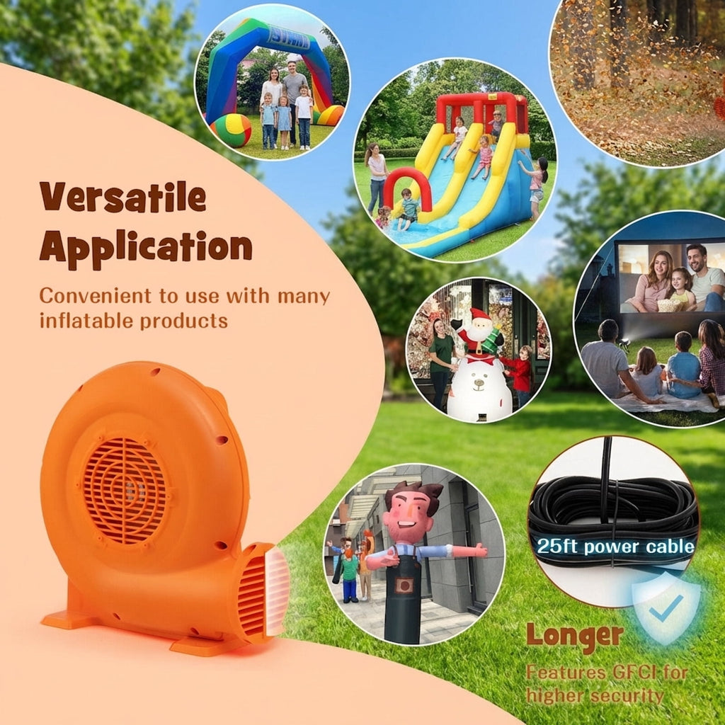 Redsmile 550W Air Blower (0.7HP) for Inflatables with 25 feet Wire and GFCI Plug - Powerful Inflation Fan for Bounce House Castle Water Slide