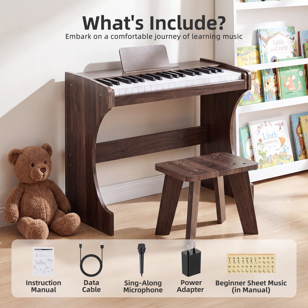 Redsmile 37-Key Kids Wooden Digital Piano with Bench, Music Book Stickers, Educational Keyboard Toy for Toddlers 3-8