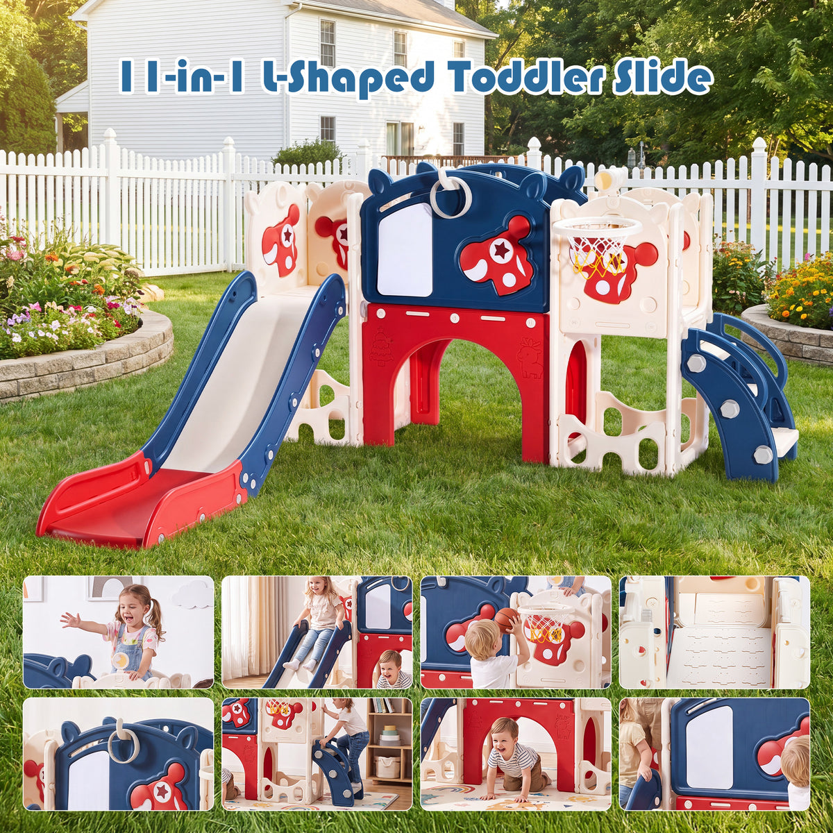 Redsmile 11-in-1 Toddler Slide Indoor Playground with Climber, Basketball Hoop and Storage, Kids Activity Center for Boys Girls