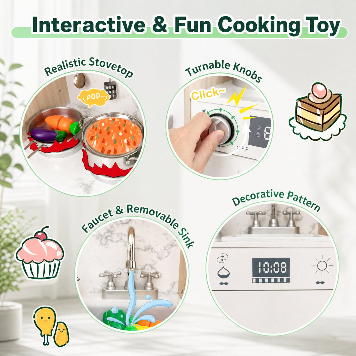 Redsmile Kids Play Kitchen Set for Toddlers 3+ Years, Pretend Play Kitchen Playset with Remote-Adjustable LED Lights, Working Coffee Maker, Ice Maker, Removable Fabric Bins and Sink, White
