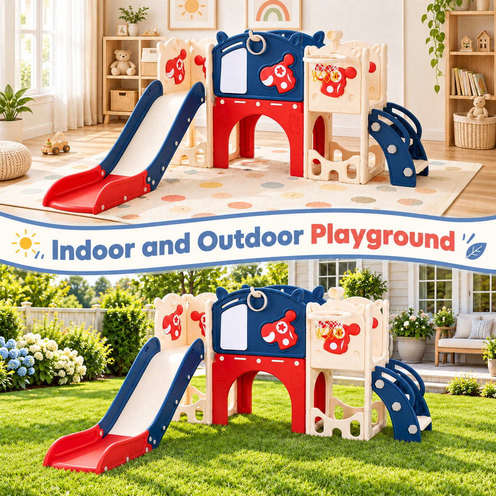 Redsmile 11-in-1 Toddler Slide and Climber Indoor Playground with Tunnel, Basketball Hoop, Drawing Board and Ring Toss, Outdoor Kids Playset Activity Center with Storage for Boys and Girls