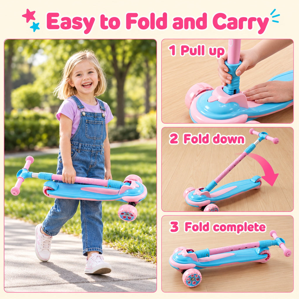 Redsmile Kids 3-Wheel Folding Kick Scooter with Light-Up Wheels, Pink and Blue