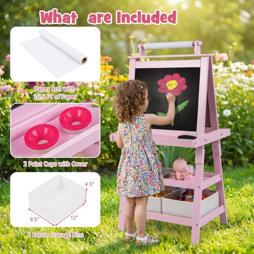 Redsmile 3-in-1 Kids Art Easel, 46 Inch Double-Sided Standing Easel with Paper Roll Whiteboard Chalkboard Storage Shelves and Paint Cups, Toddler Drawing Board for Boys Girls Ages 3+, Pink