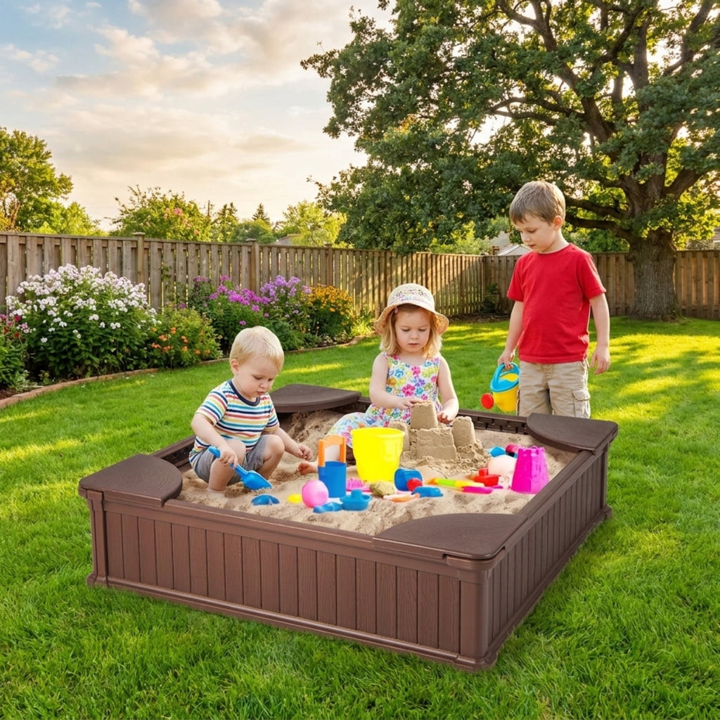 Redsmile Kids Sandbox for Backyard, 48 Inch Outdoor Sandbox with Cover and 4 Corner Seats, Weatherproof Sand Play Box, Brown