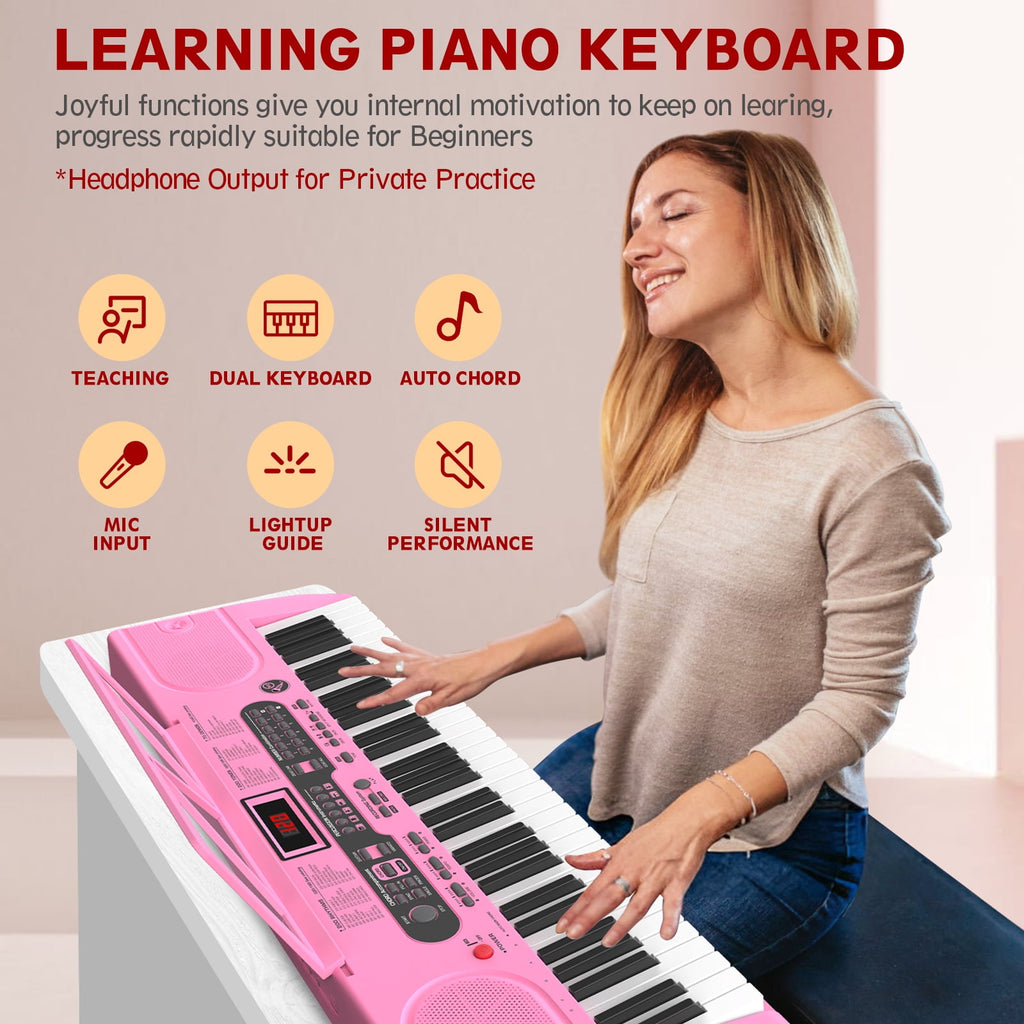 Redsmile 61 Key Piano Keyboard with Lighted Keys Stand Bench Microphone Headphone and Built-in Speakers for Beginners, Pink