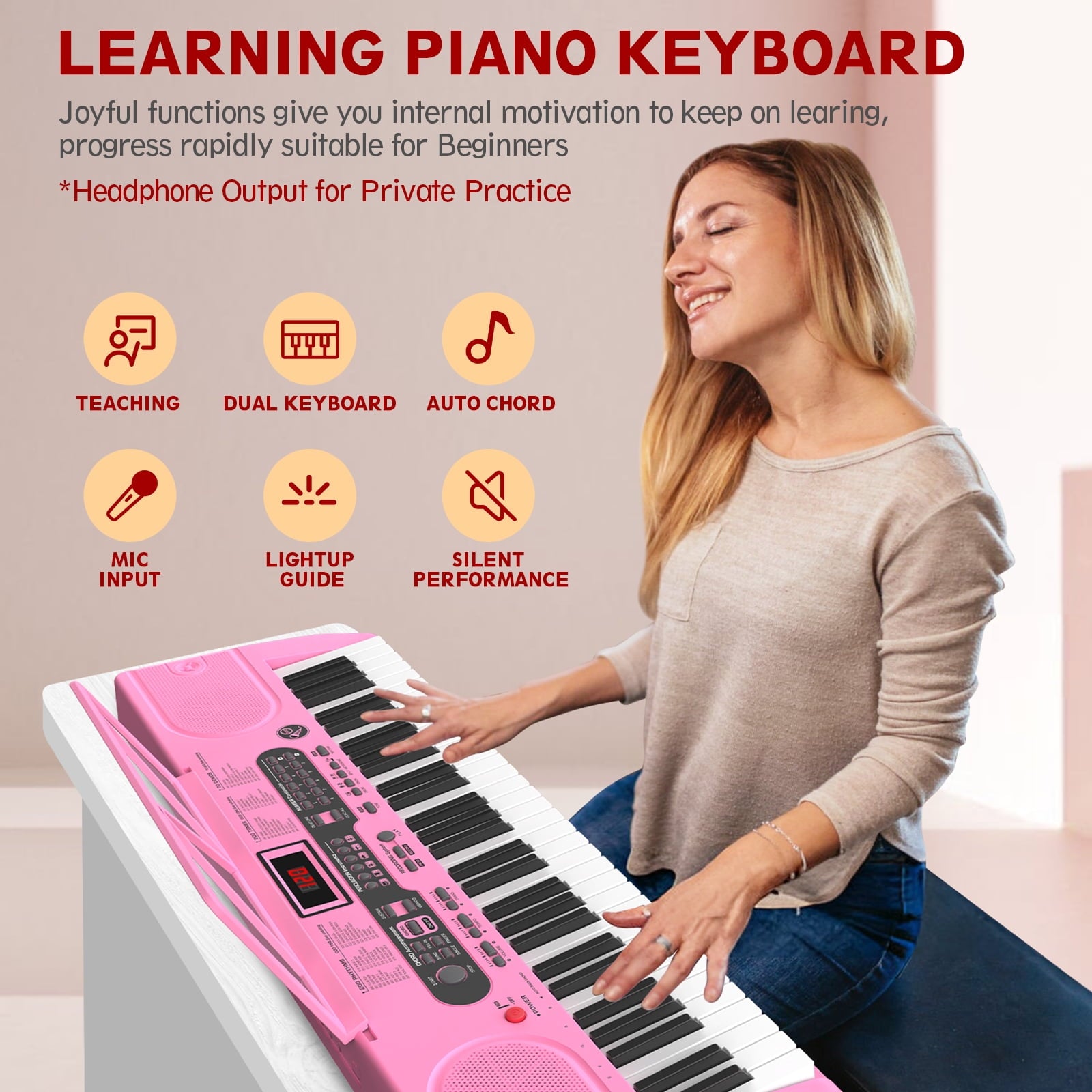 Redsmile 61 Key Piano Keyboard with Lighted Keys Stand Bench Microphone Headphone and Built-in Speakers for Beginners, Pink