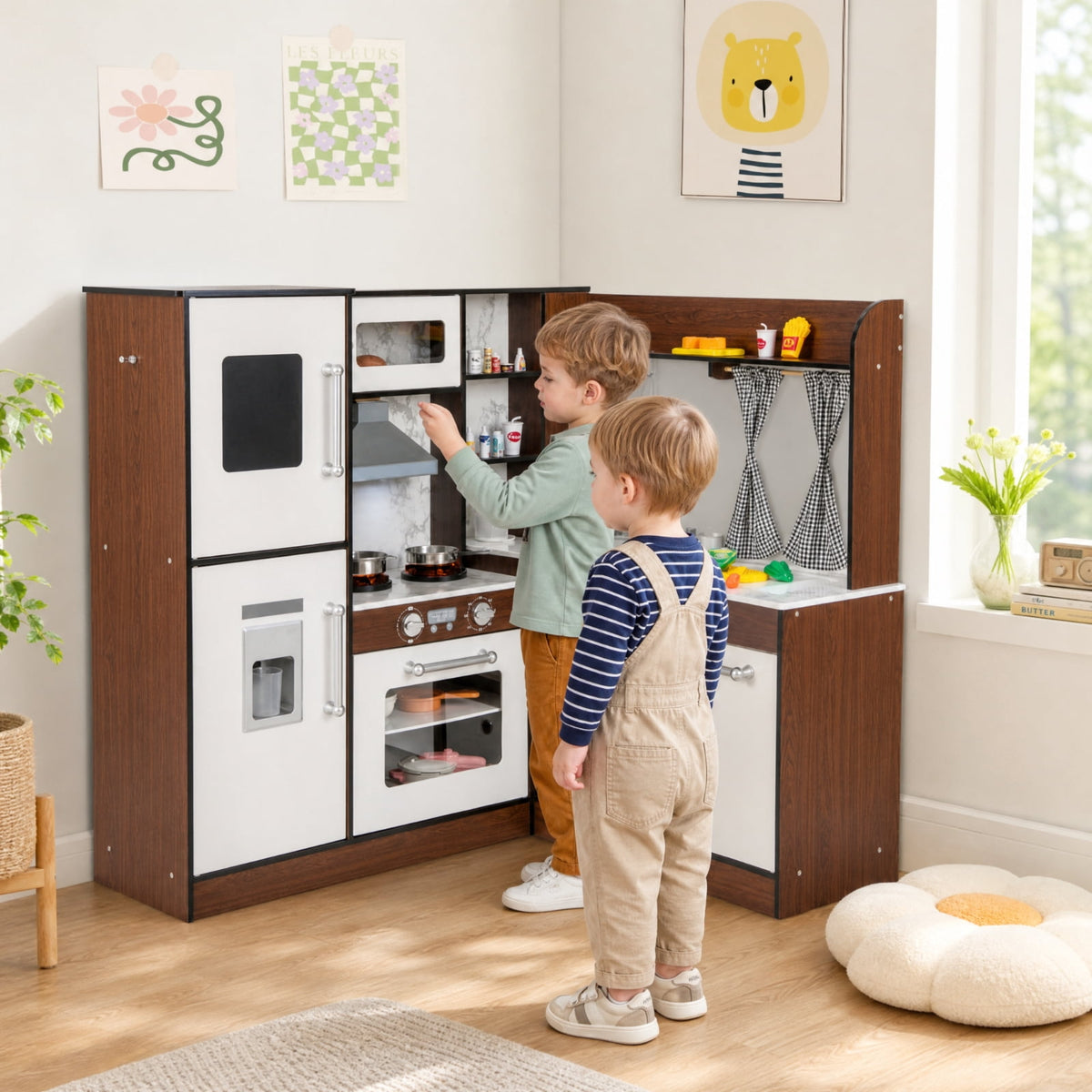 Redsmile Wooden Corner Play Kitchen Set for Toddlers 3+ Years, Pretend Play Kitchen with Water Circulation System, 360 Faucet, Sound and Light Range Hood, Ice Maker and Fabric Bins, Brown