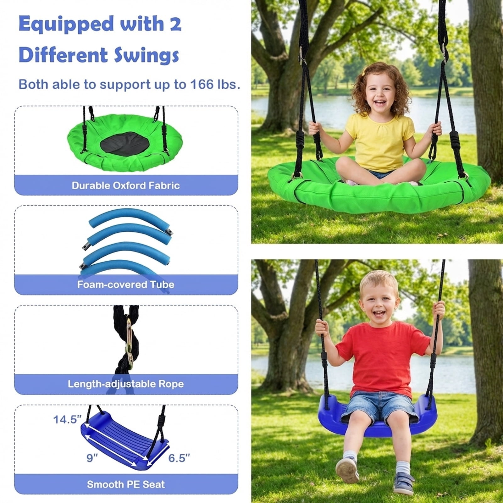 Redsmile 5-In-1 Outdoor Kids Swing Set with A-Shaped Metal Frame and Ground Stake - Blue - Backyard Play