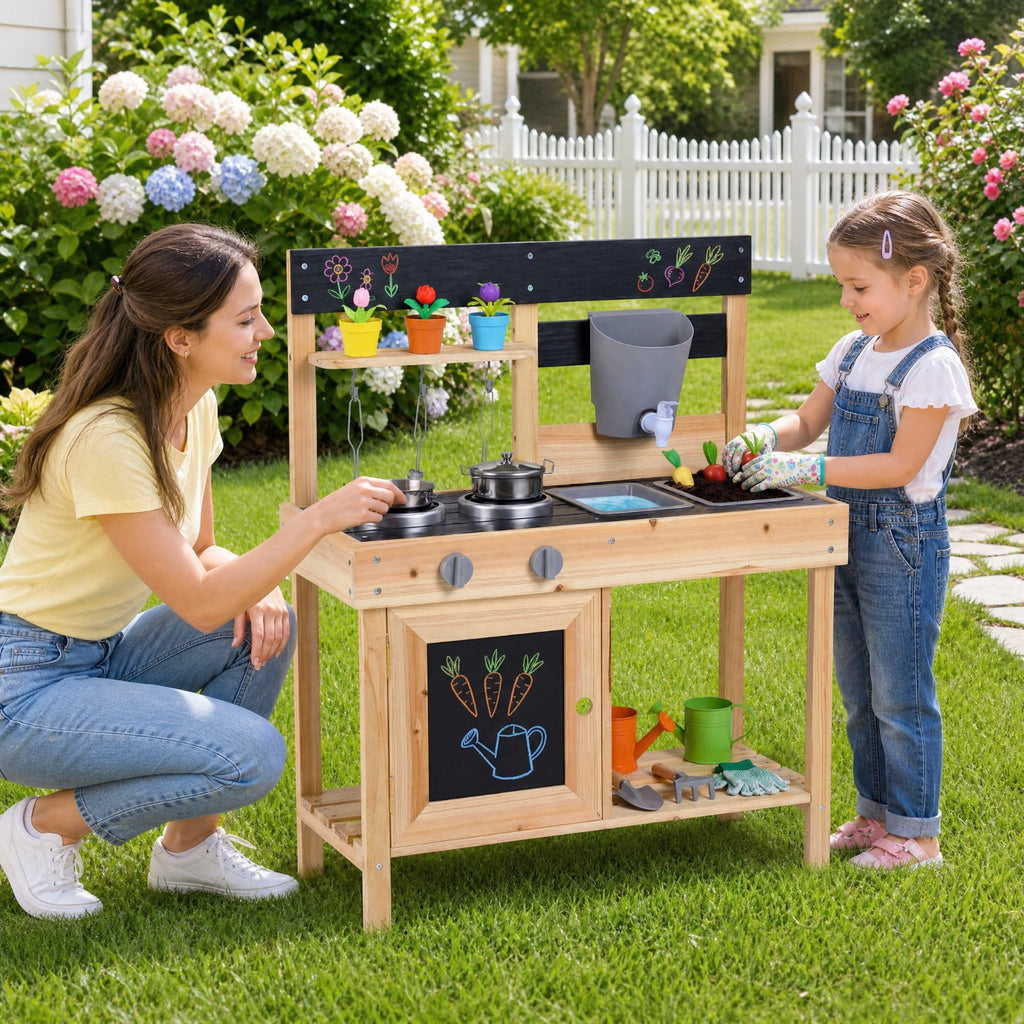 Redsmile Mud Kitchen for Kids Outdoor with 2 Removable Sinks, Fir Wood Play Kitchen Set with Water Box Faucet 2 Stoves and 5 Kitchenware, Toddler Backyard Playset for Ages 3+, Natural