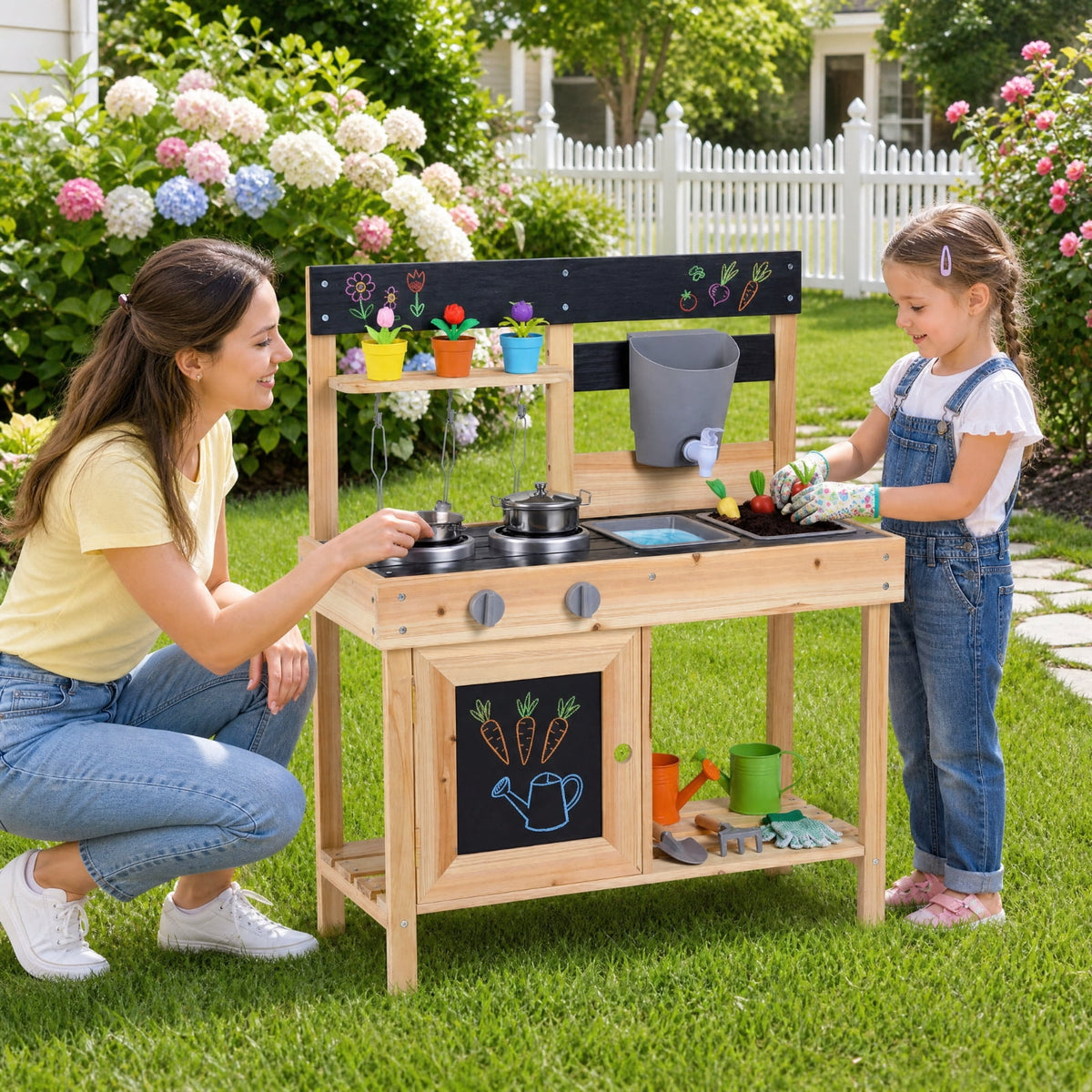 Redsmile Mud Kitchen for Kids Outdoor with 2 Removable Sinks, Fir Wood Play Kitchen Set with Water Box Faucet 2 Stoves and 5 Kitchenware, Toddler Backyard Playset for Ages 3+, Natural