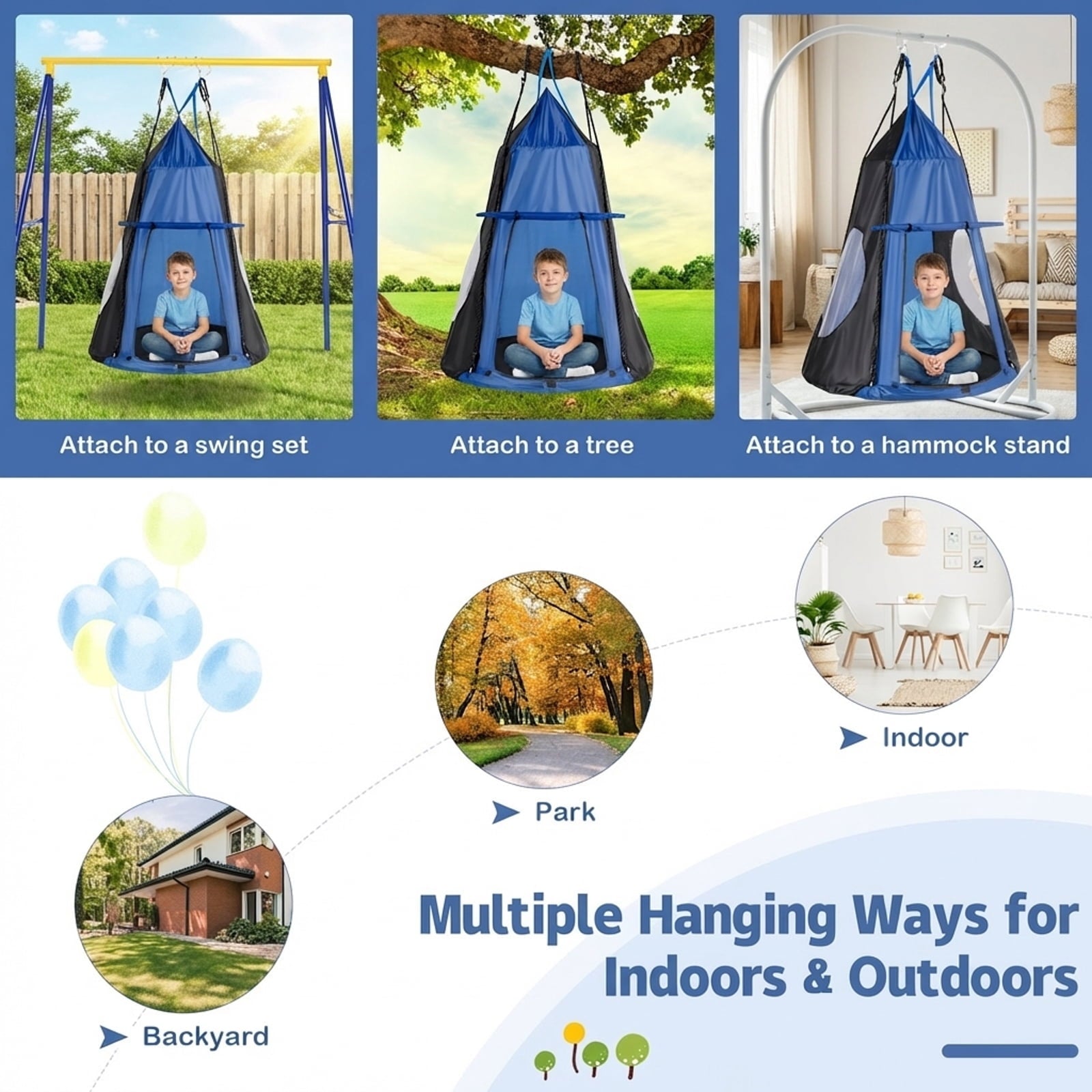Redsmile 2-in-1 40 Inch Kids Hanging Chair Detachable Swing Tent Set 330 lbs Capacity Indoor Outdoor Play - Blue