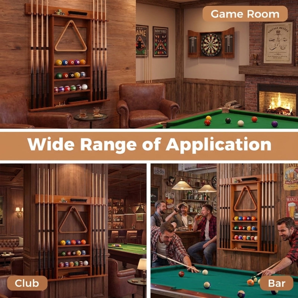 Redsmile Wall-Mounted Billiards Pool Cue Rack, Solid Pine Wood Pool Cue Holder for 8 Cues, 16 Balls, Ball Rack, Brushes and Chalk, Billiard Storage Organizer for Game Room Bar, Brown