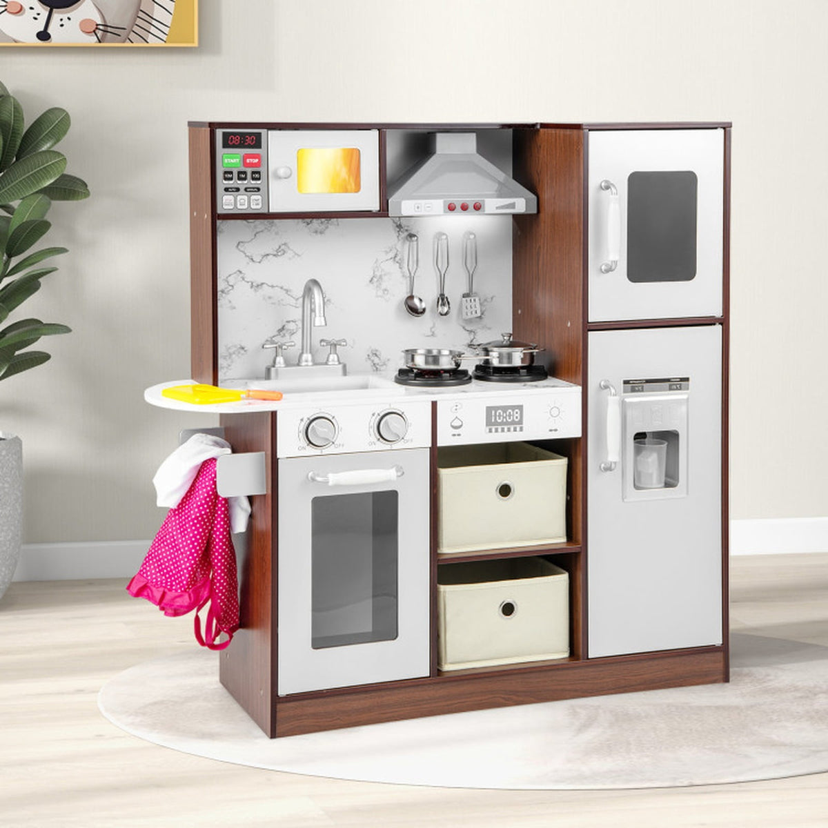 Redsmile Modern Kids Play Kitchen with Lights and Sounds, Wooden Pretend Play Kitchen Set with Ice Maker Chalkboard Fabric Drawers and 13 Accessories, Toddler Playset for Ages 3+, Coffee