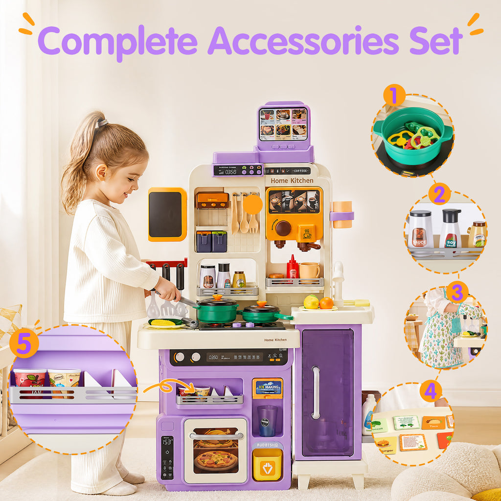Redsmile Play Kitchen Set with Interactive Menu, Steam Stove, Ice Coffee Maker, Lights, Sounds Music, Apron Set and Food Cards,Pretend Play Toys Gifts for Kids,Purple